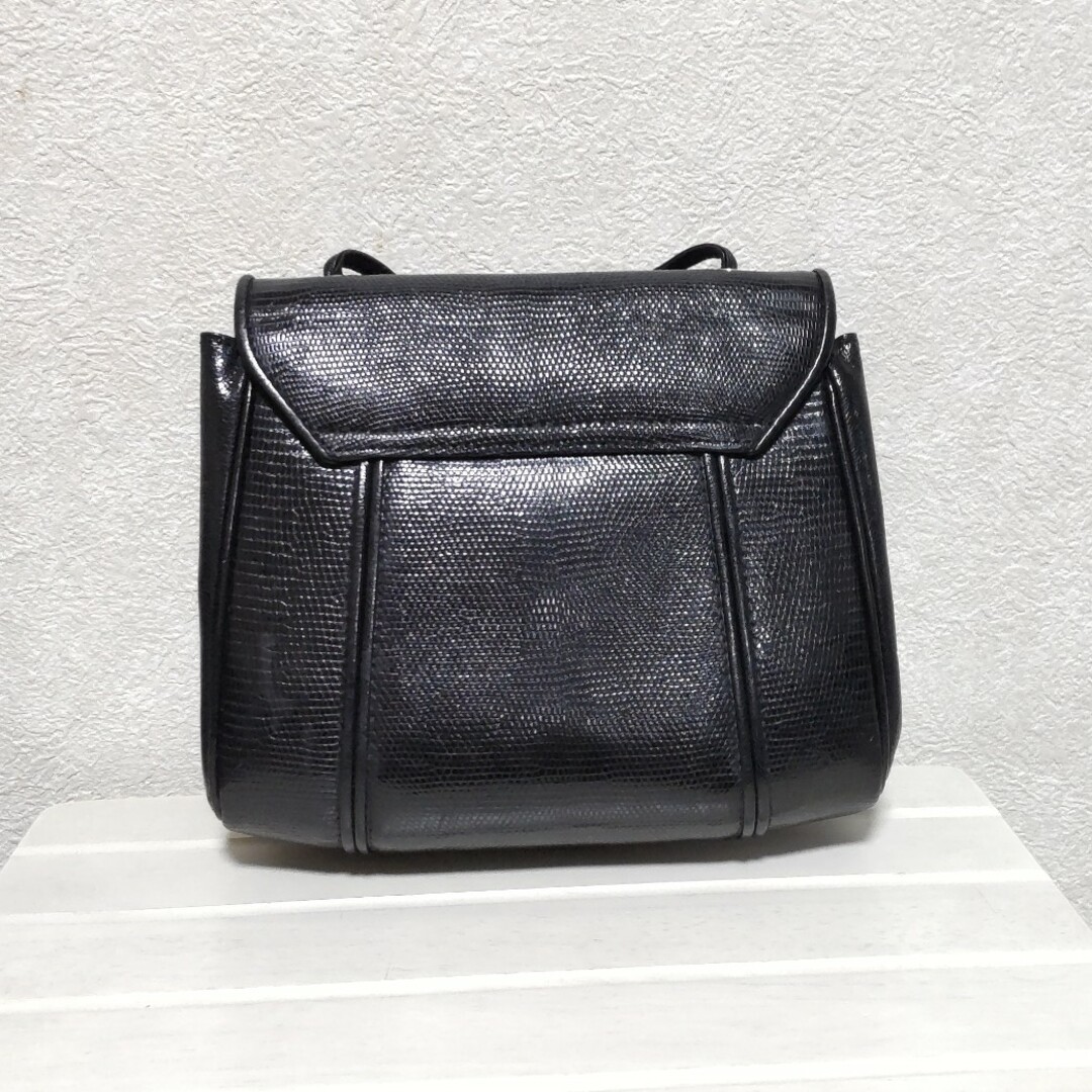Yves Saint Laurent Shoulder Bag Lizard YSL Leather Black Size:W:7.9 × H: 6.7 in.