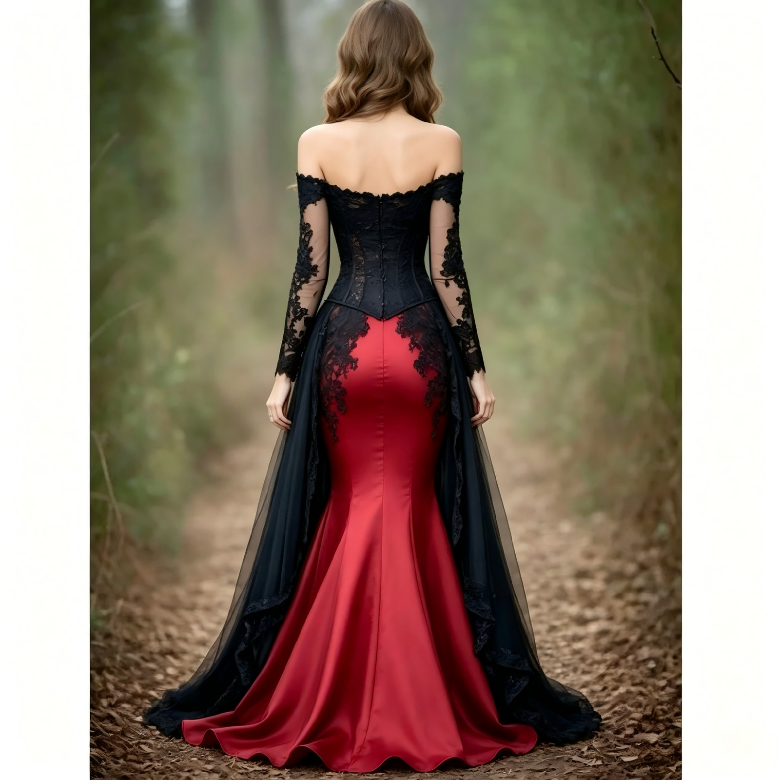 Black Red Gothic Off Shoulder Mermaid Lace Evening Dresses With Tulle Overlay