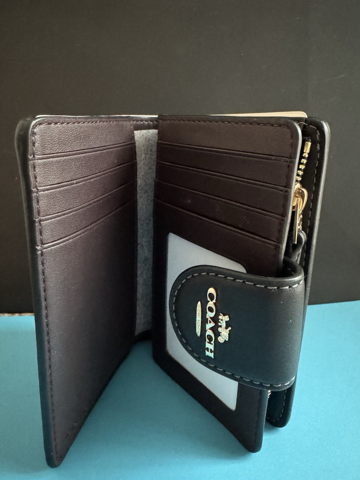 NWT Coach Medium Corner Zip Wallet With Cherry Print Leather Gold /Black Multi