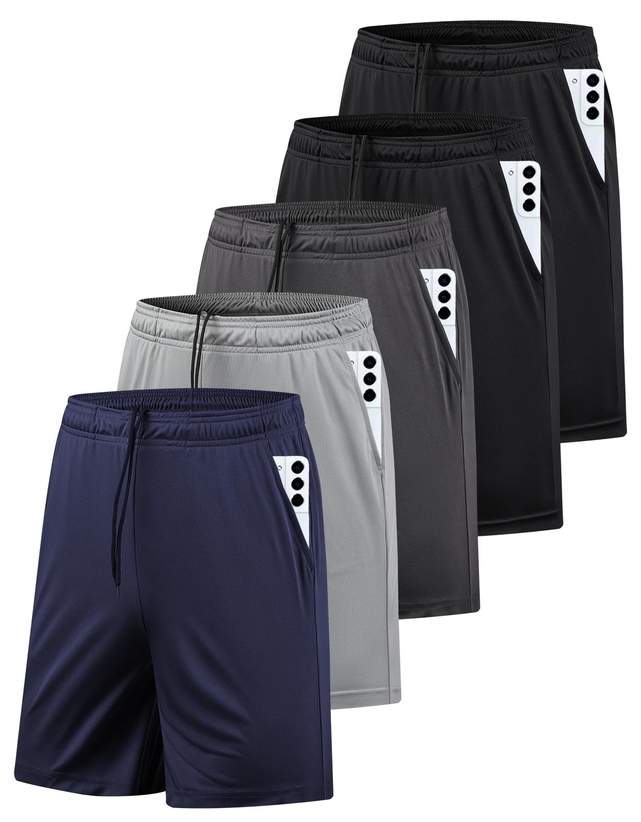 AKAWOOKO 5 Pack Men’s Athletic Gym Shorts with Pockets Quick Dry Large, Set 1