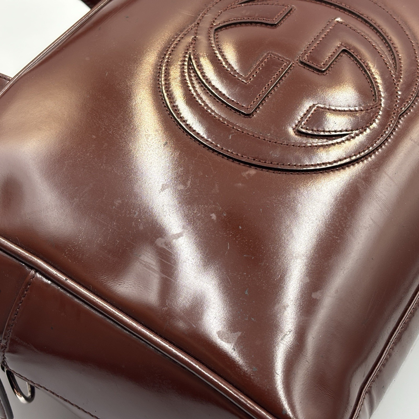 Gucci Handbag Shoulder Bag Patent Leather Interlocking G Brown Authentic