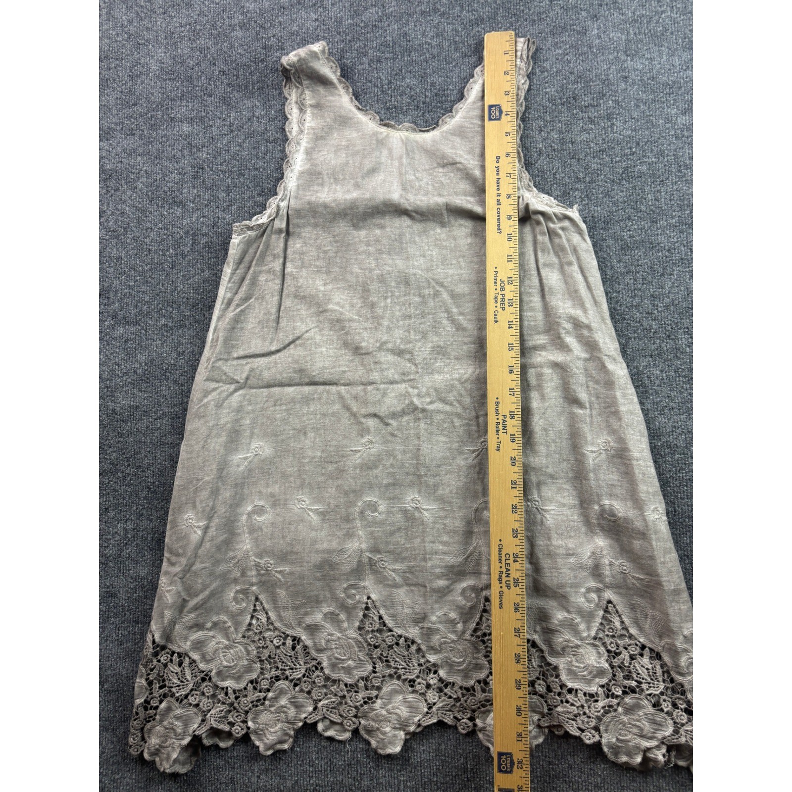 Sea Gypsies Mini Dress Womens Medium Grey Cotton Lace Trim Boho Embroidered
