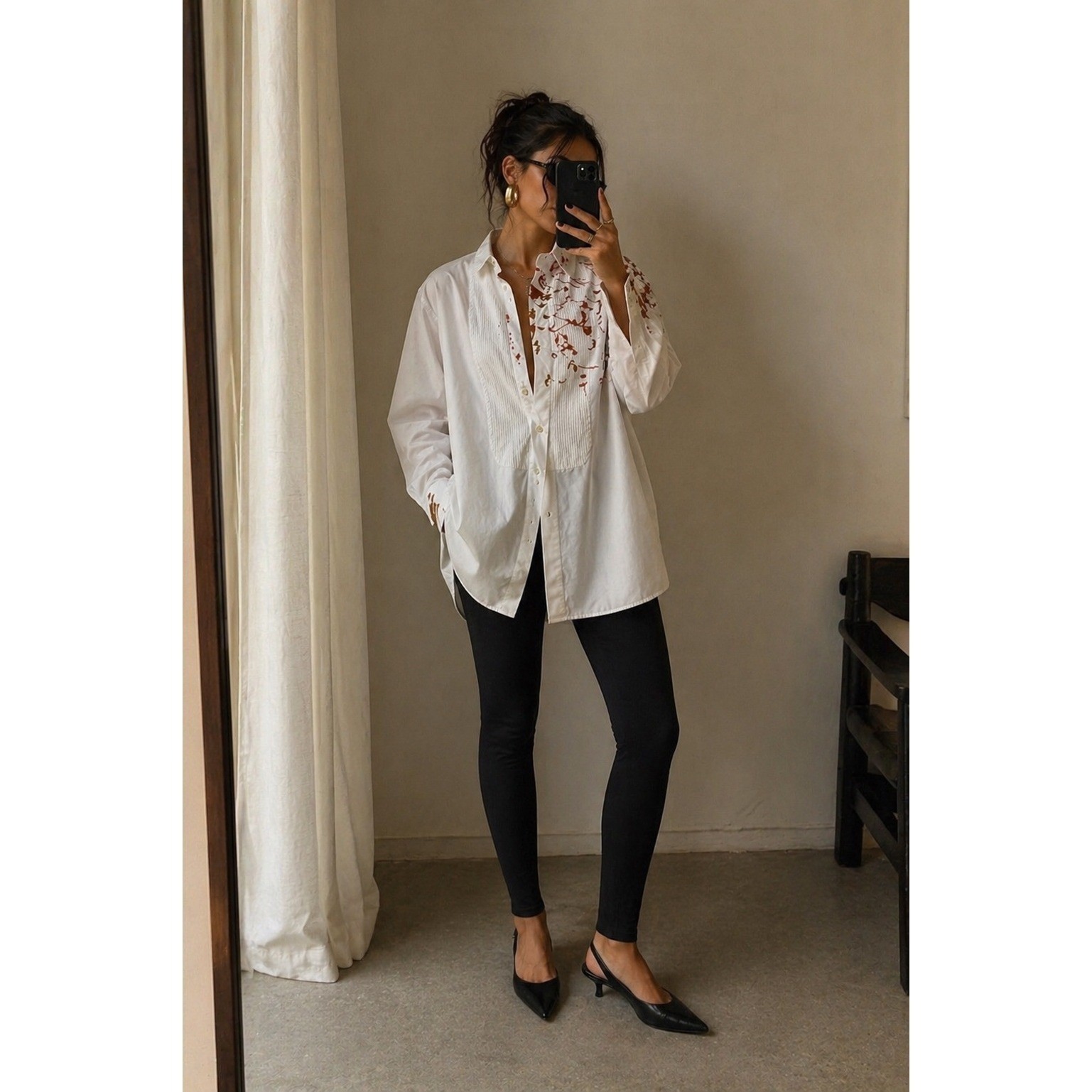 Vtg Stephen St Clair Hand Painted Tuxedo Blouse White Bronze Artsy Avant Garde