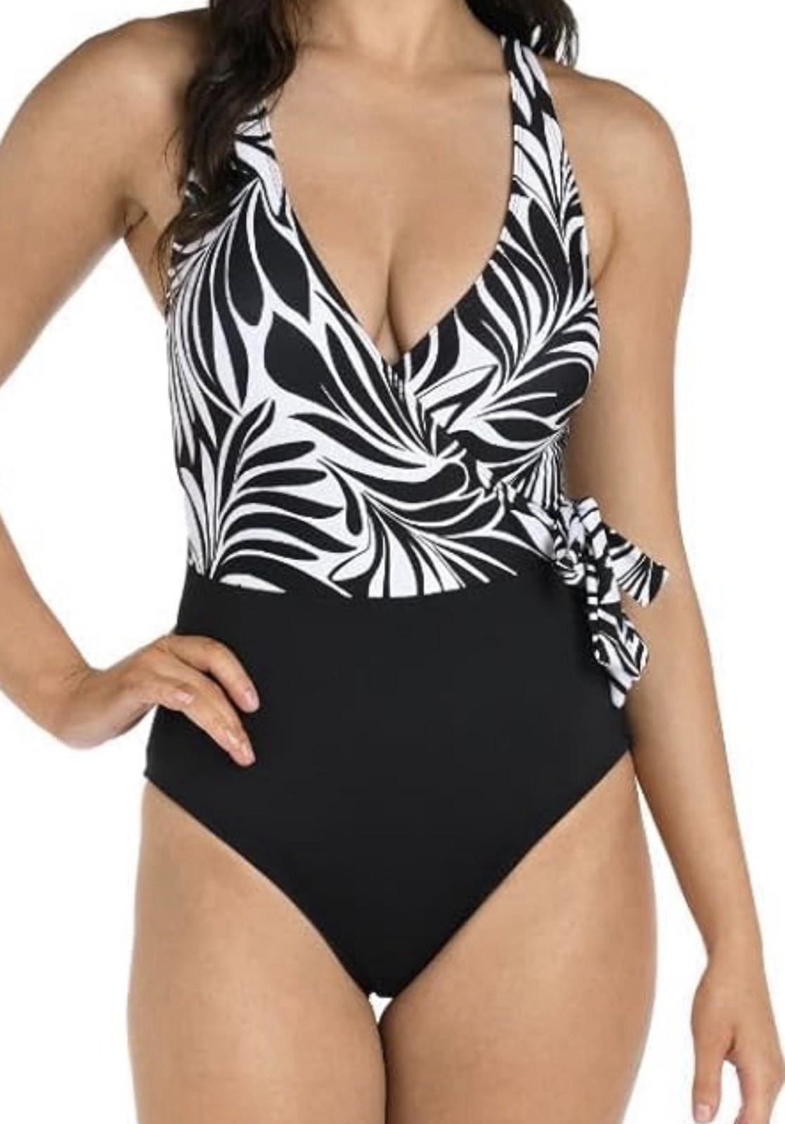 24th & Ocean Women’s Wrap One Piece Swimsuit Size 8 black palm tummy control