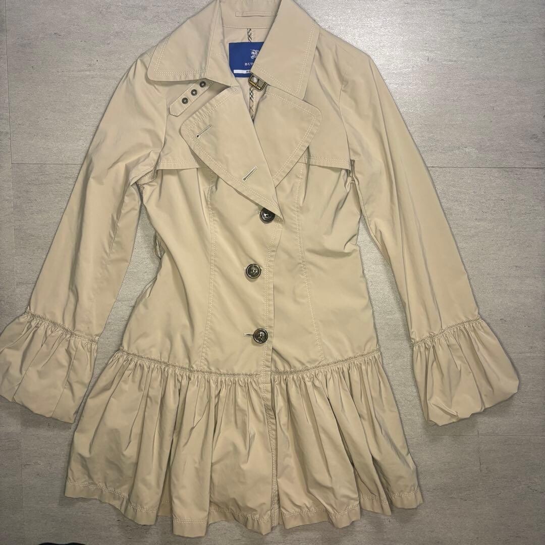 Burberry Blue Label Frill Hem Trench Coat Beige M Midi Puff Sleeve Auth