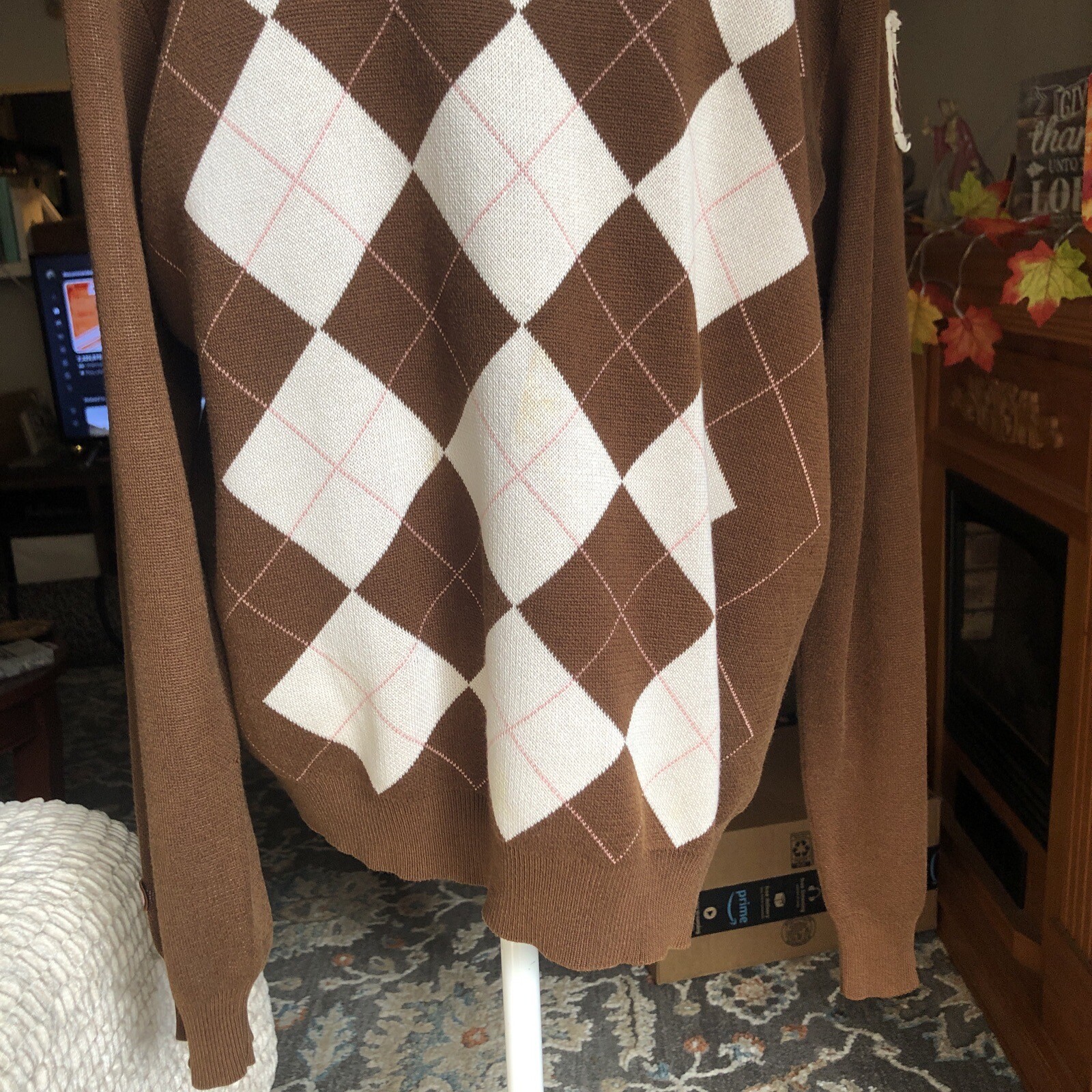 Drunknmunky Silk Argyle Sweater Brown Sz L Logo Fall (small Flaw See Pics)