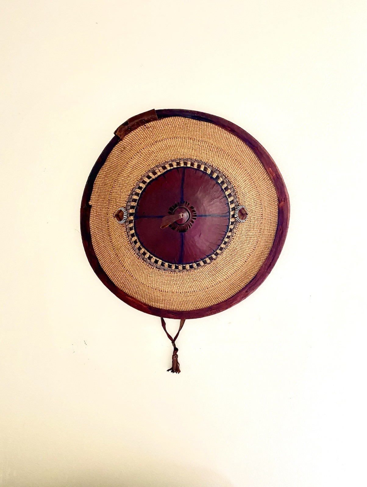Antique African Ghanaian Hat ~ Traditional Conical Woven Straw & Leather ~19in