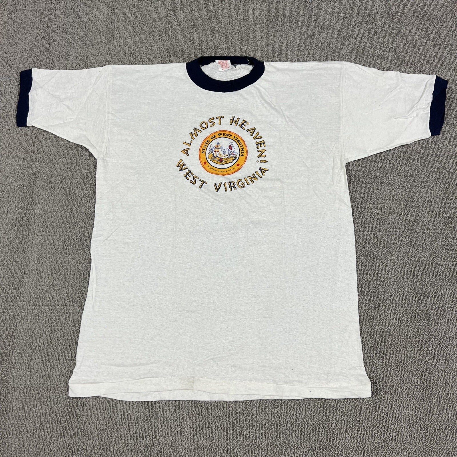 Vintage 70’s West Virginia Almost Heaven T Shirt Single Stitch Ringer Men’s NOS