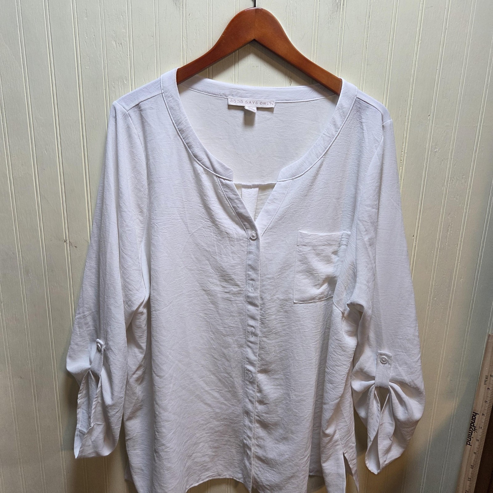 Good Days Only Blouse Womens 3X White Henley 3/4 Roll Tab Sleeve Tunic Relaxed