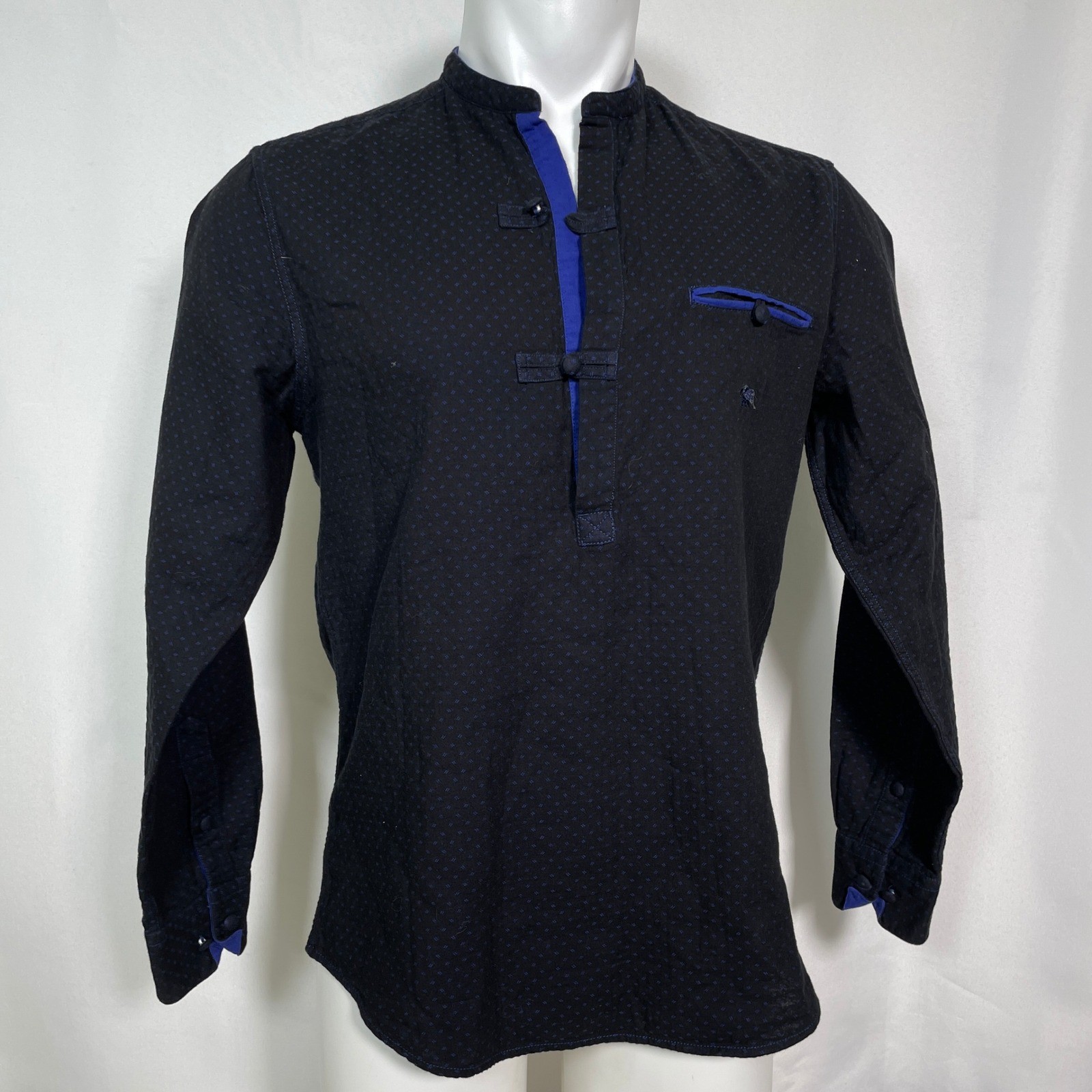 Andamen Slim Black Blue Mandarin Collar Toggle Button Henley Shirt Men’s MEDIUM