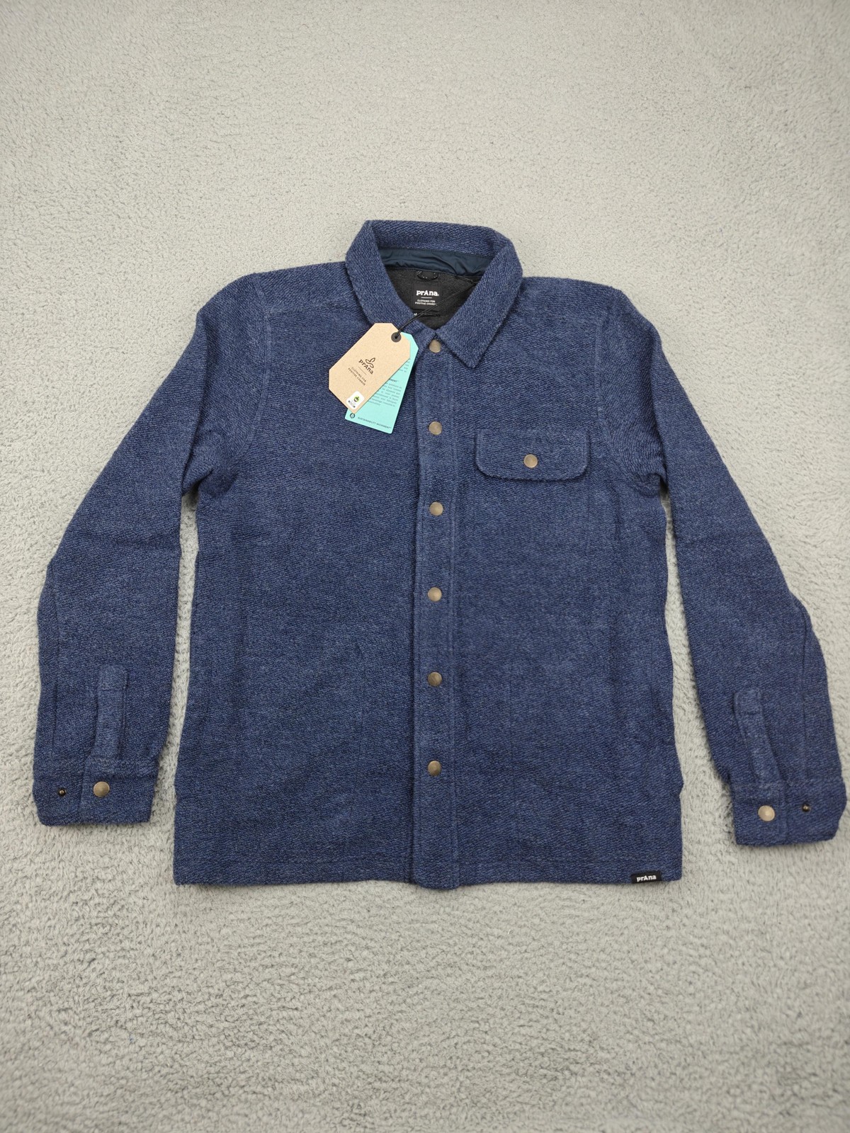 prAna Jacket Mens Medium Blue Stormy Night Heather IncrediWool Overshirt Wool