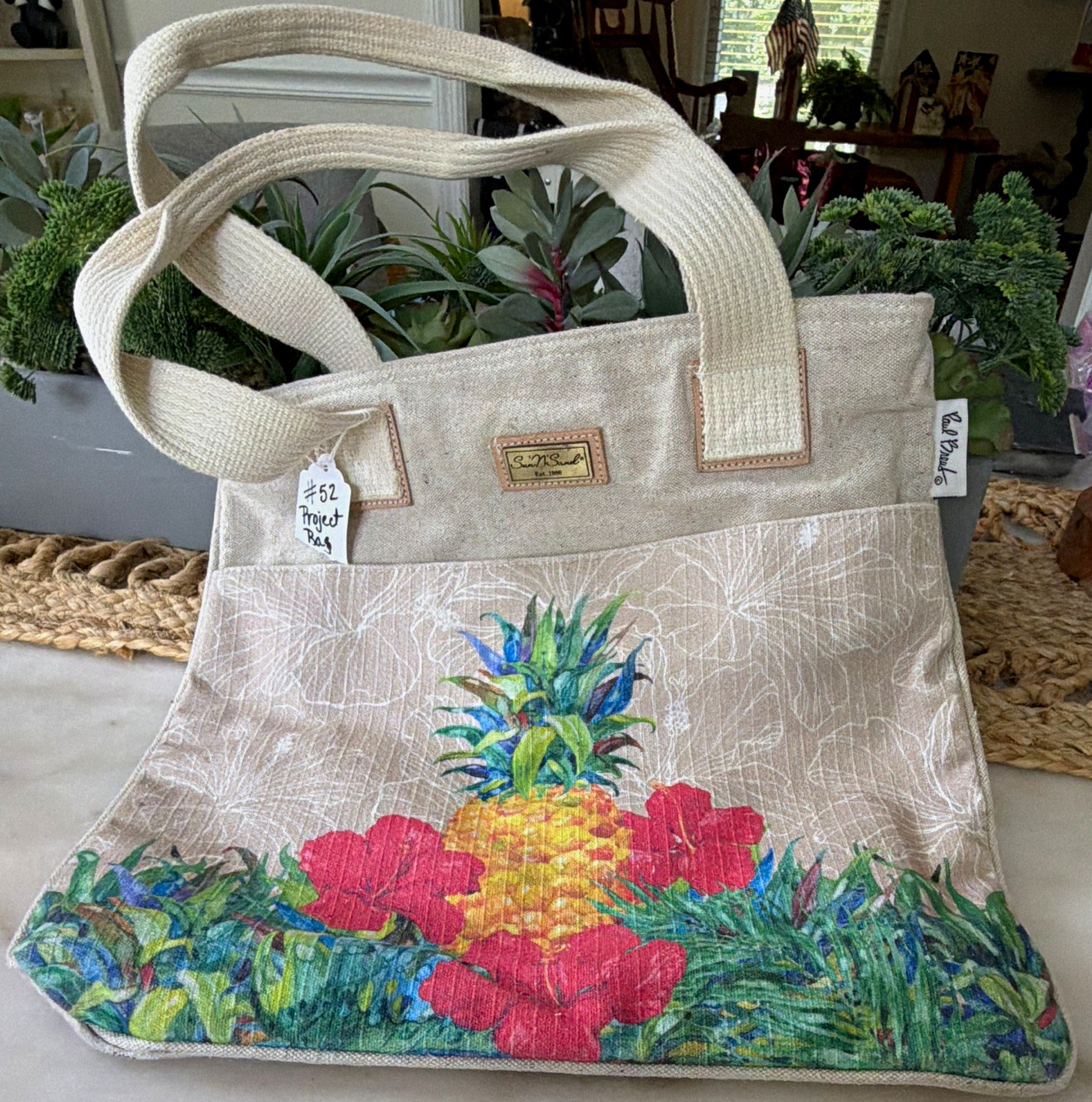 Sun ‘N’ Sand Paul Brent Tropical Tote Beige Zip Bag pre-loved needs cleaning