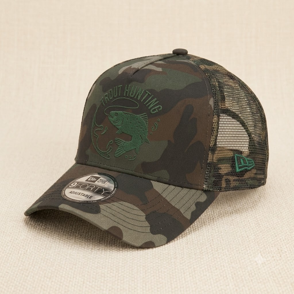 Trout Hunting Fishing Custom Logo Camo Trucker Hat Embroidered Cap