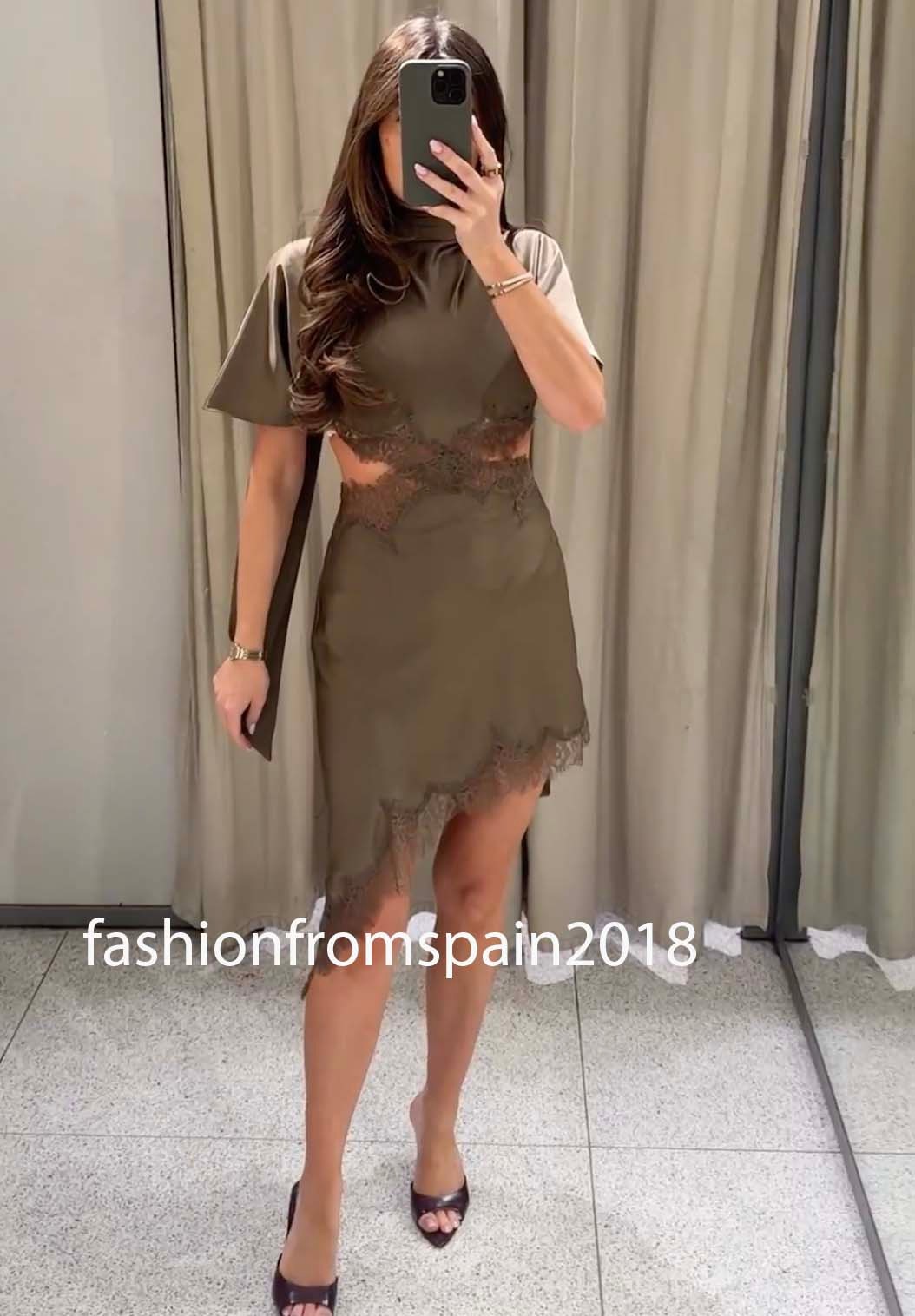 ZARA NEW WOMAN SPR ASYMMETRIC SATIN EFFECT LACE DRESS ZW MINK XS-XL 5919/041/706