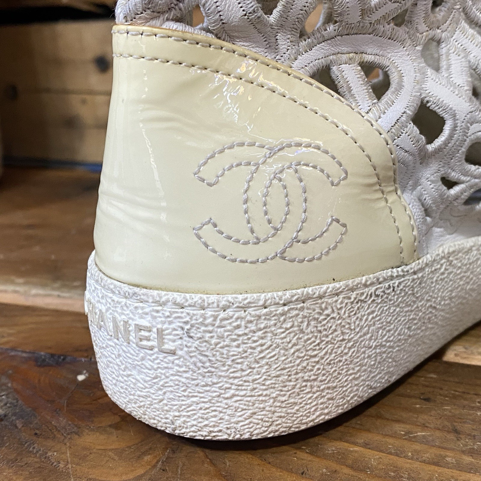 CHANEL Beige Patent Leather Laser Cut Floral Hi top Sneakers Women Sz 39 Italy