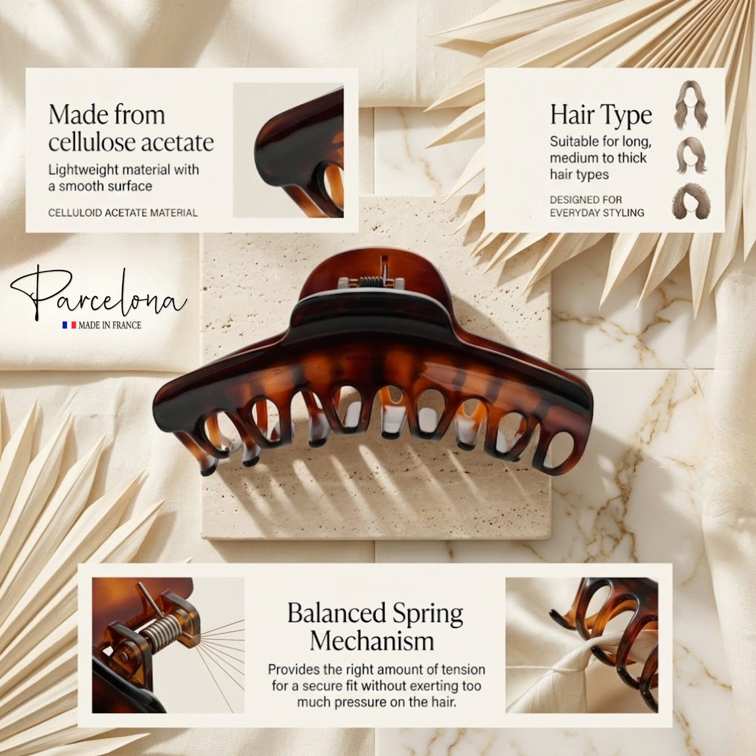 Parcelona French Curvy Large 5 Inches Long Celluloid Tortoise Shell Hair Claw