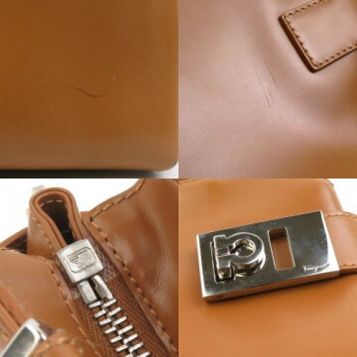 FERRAGAMO Gancini 2-Way Bag Camel Leather Handbag H7.4 W9.8 D4.5 Strap 34.8in