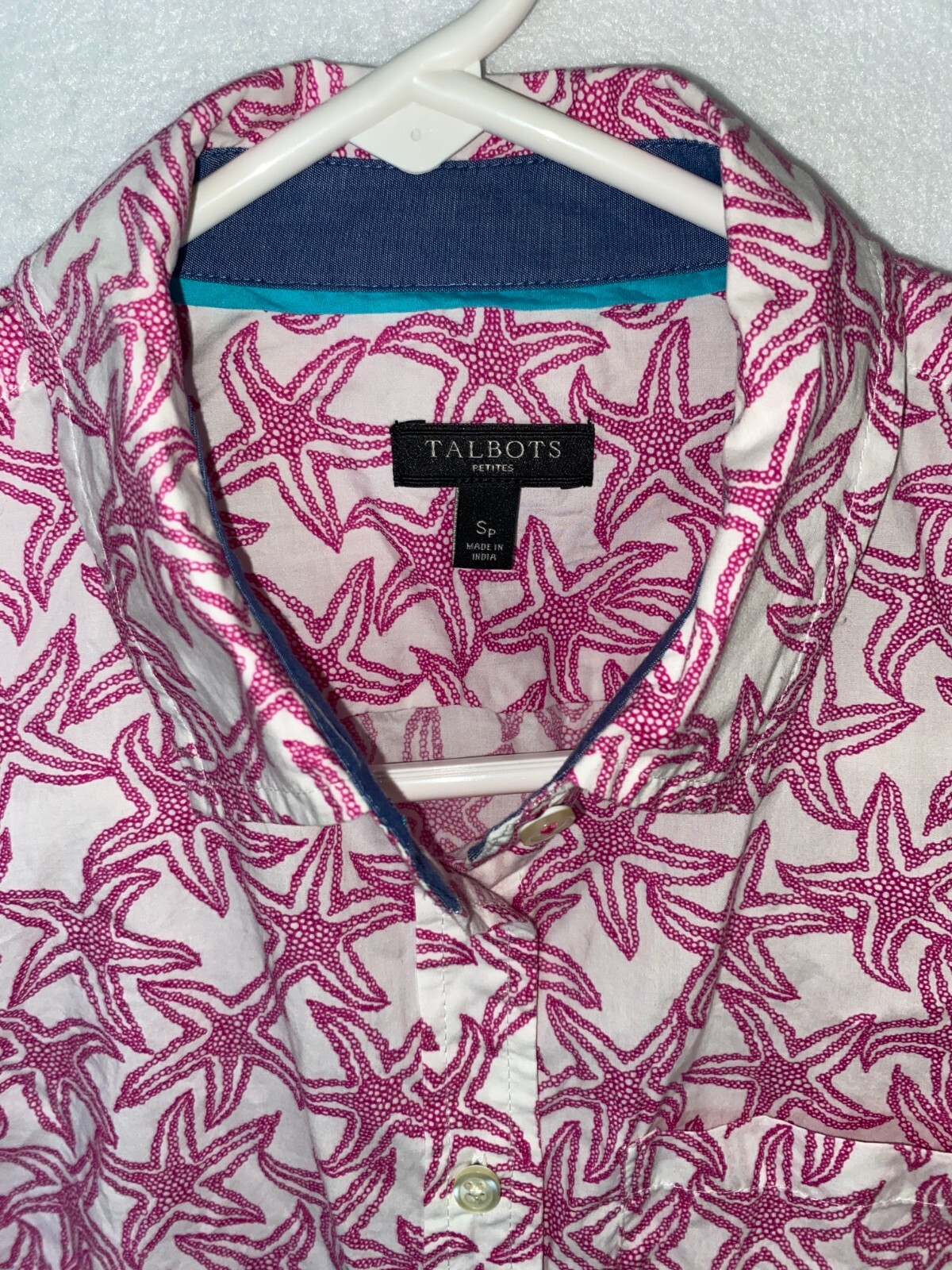 Talbots White Pink Starfish Print Roll Tab Sleeve Button Up Pocket Sz S Petite