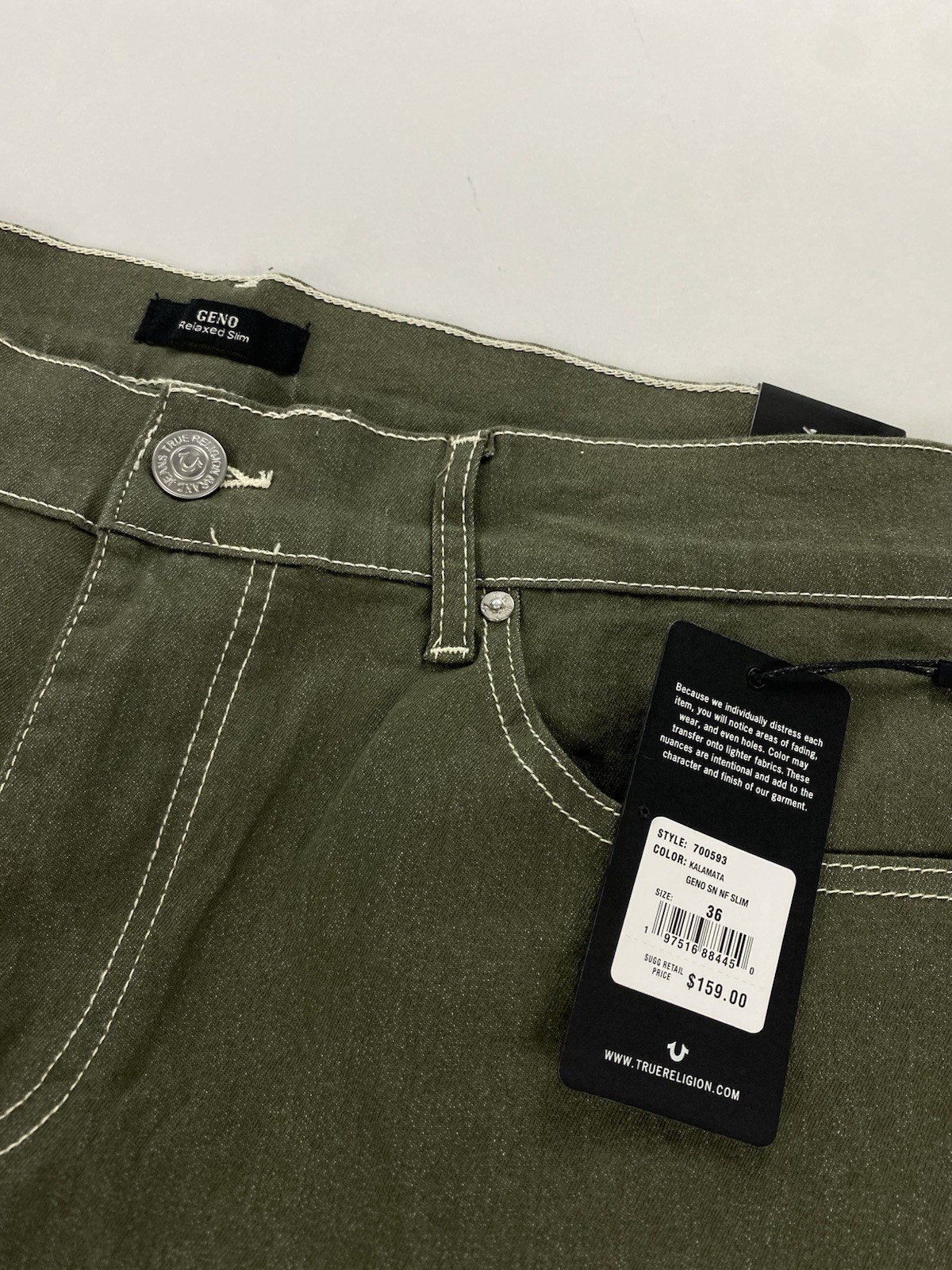 NEW True Religion Geno Relaxed Slim Kalmata Green Jeans Mens Size 36×32