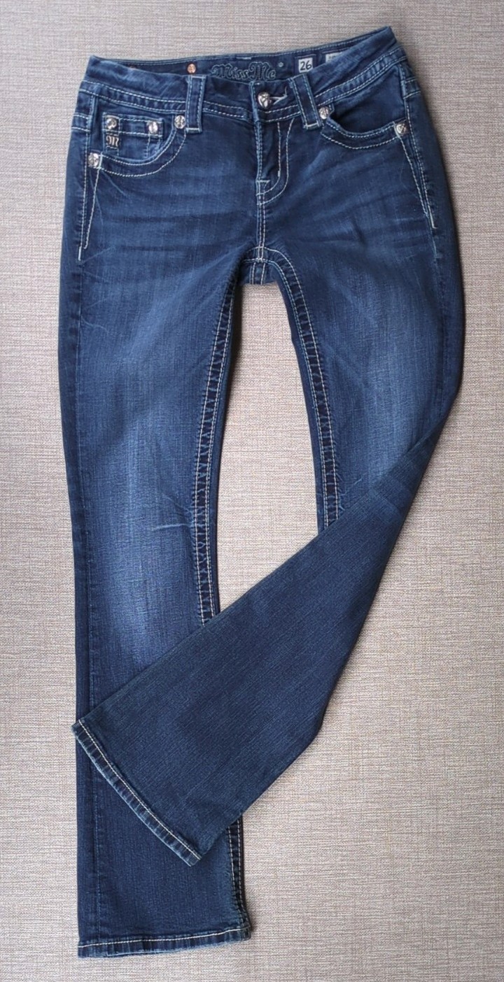 Miss Me Signature Boot Cut Blue Low Rise Jeans Women’s 26×30 Flap Wing Pockets