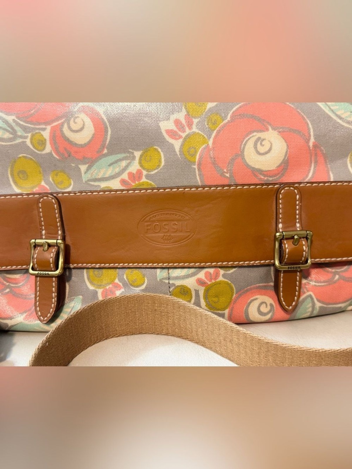 Fossil Messenger Bag Crossbody Coated Canvas Leather Trim Floral