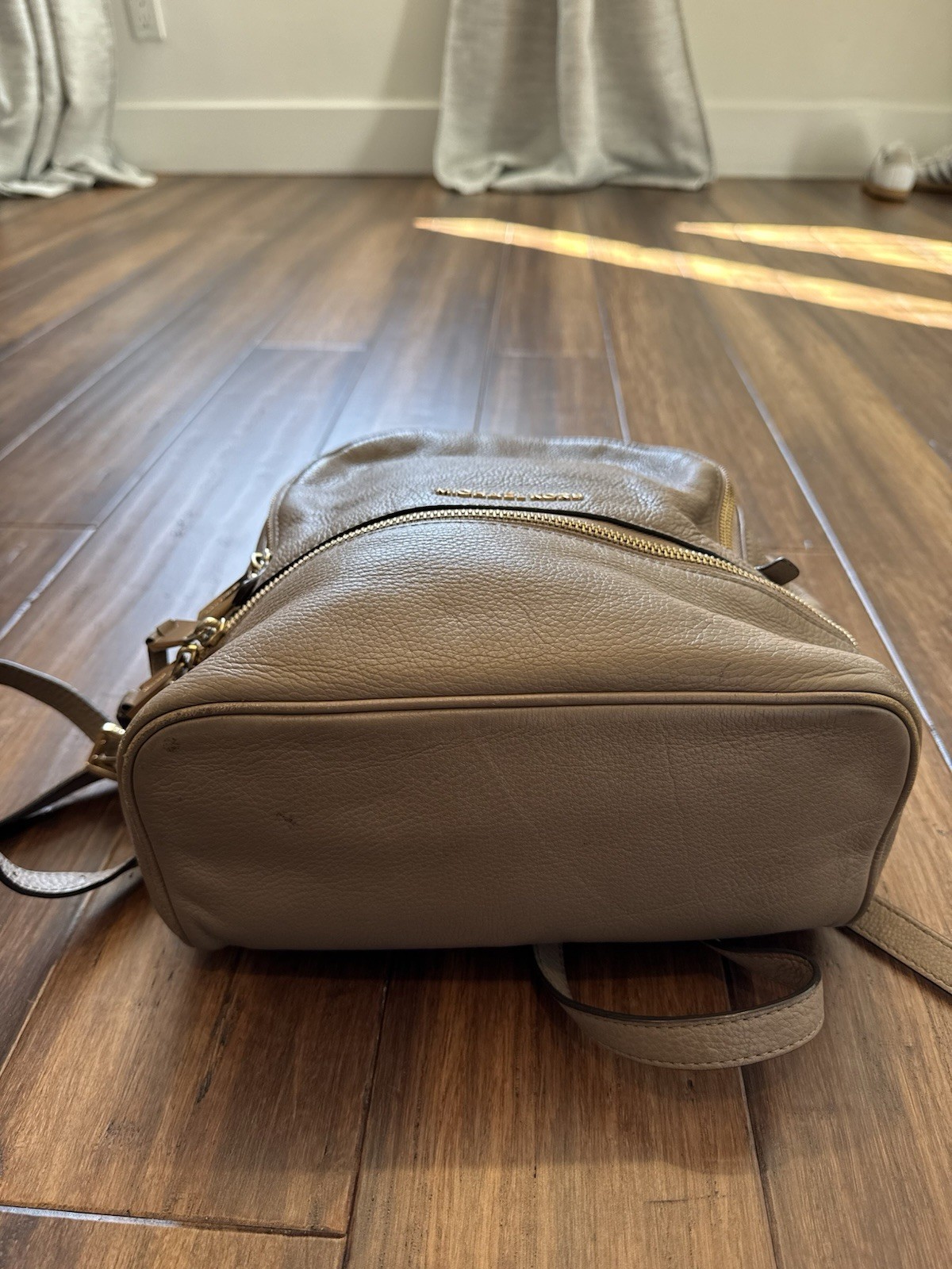 Michael Kors Leather Backpack Pebbled Taupe Gray Gold Hardware Medium Women Bag