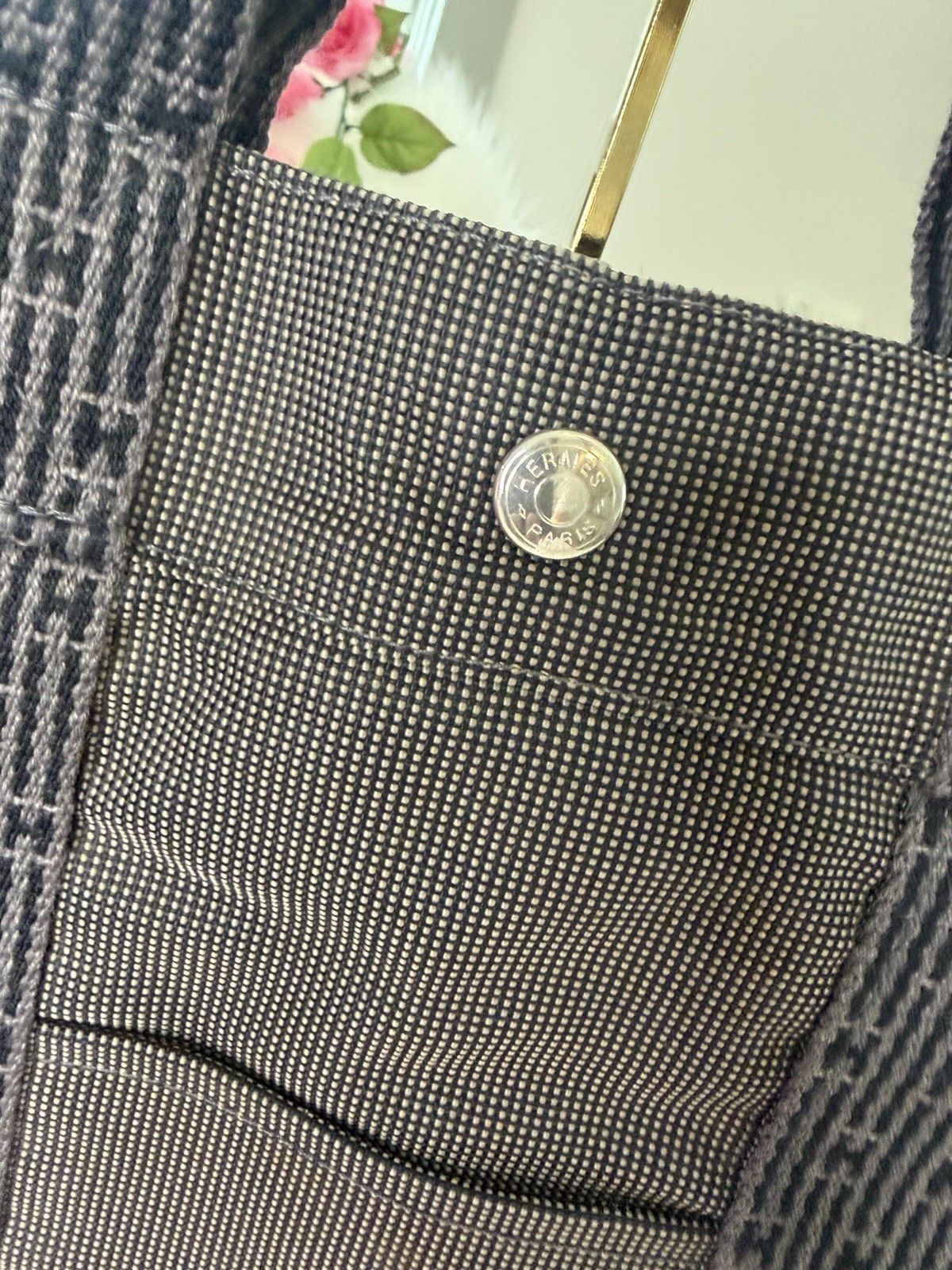 Hermes Vintage Herline MM Canvas Tote Bag Charcoal Grey