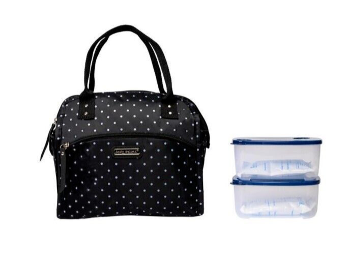 Kathy Ireland Travel Leah Polka Dot Lunch Fabric Tote Black White Silver