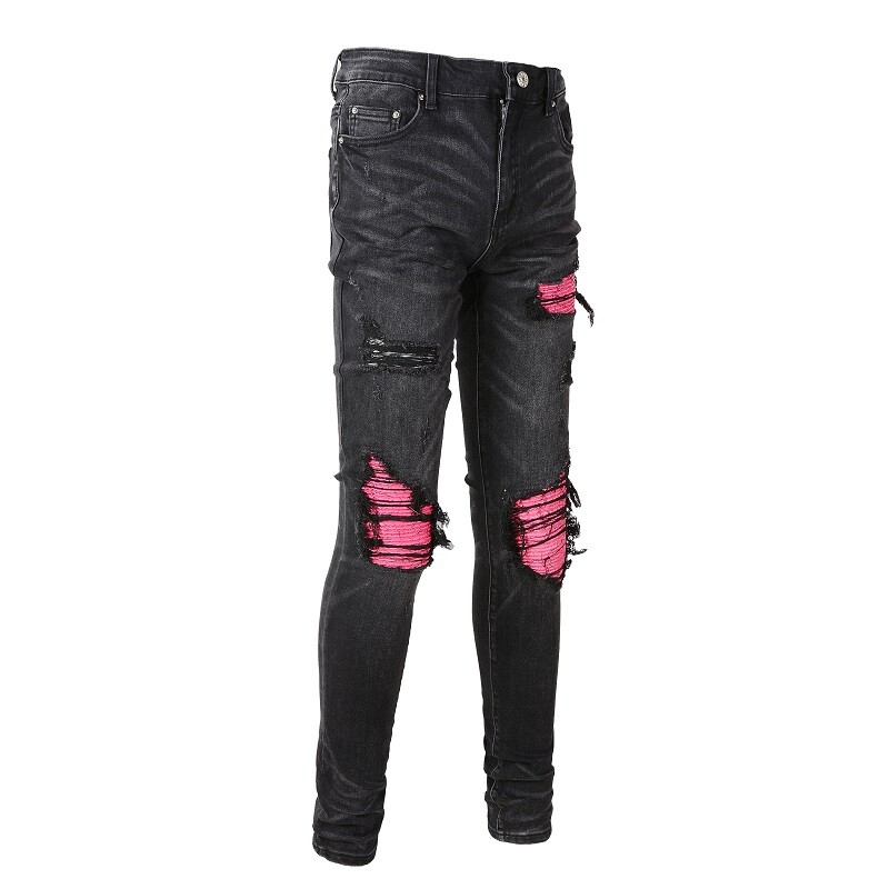 Men’s Black Skinny Stretch Jeans with Pink Patchwork Rips, Raw Hem, Button Waist