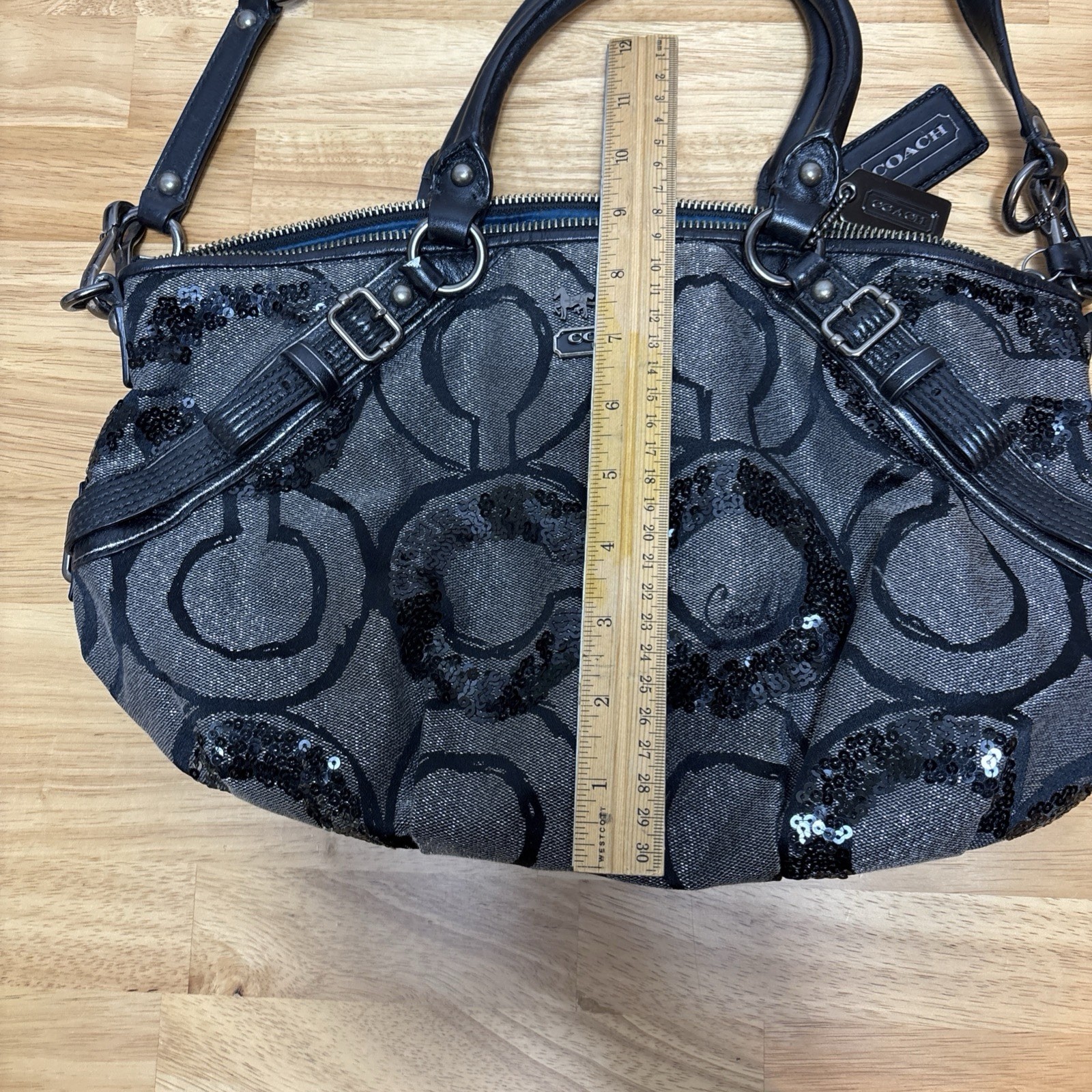 Coach Madison Sophia Medium Sequin Op Art Black Handbag Satchel With Hand Tag