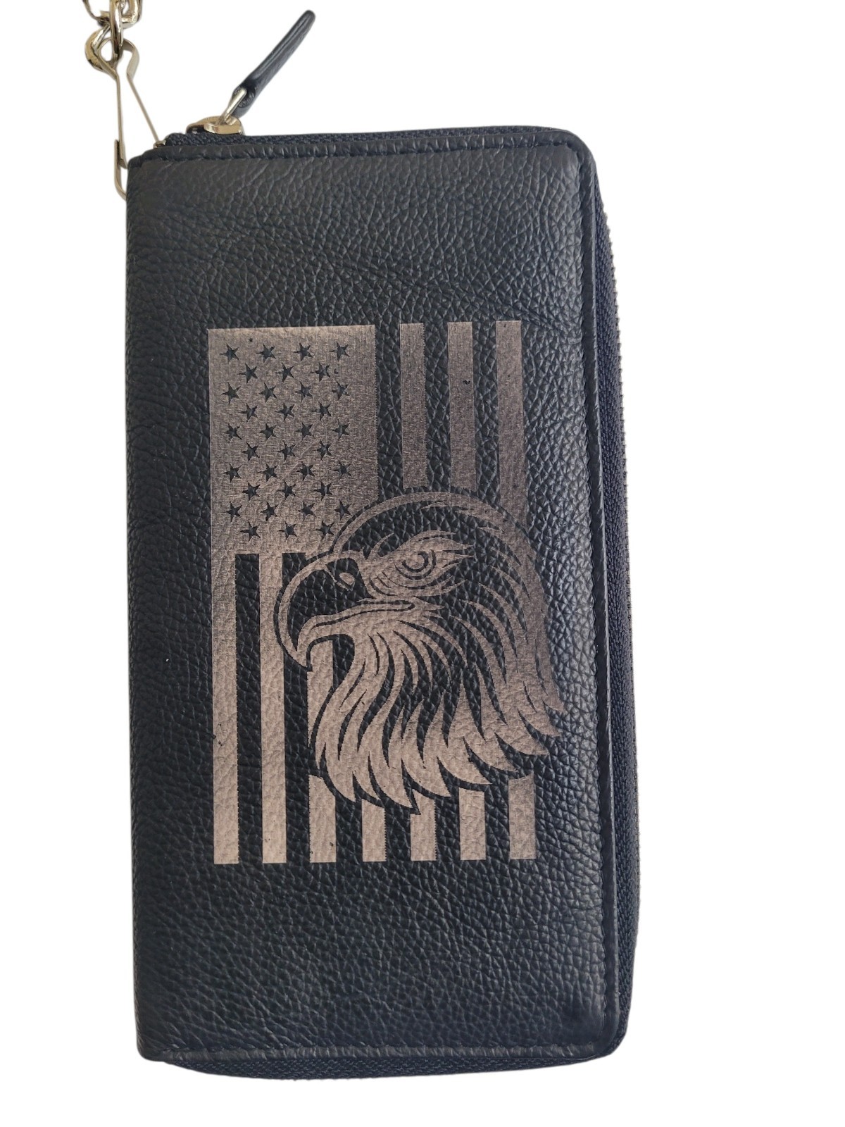 US Flag Eagle Genuine Leather Biker All Over Zipper Bi-Fold Wallet With Chain