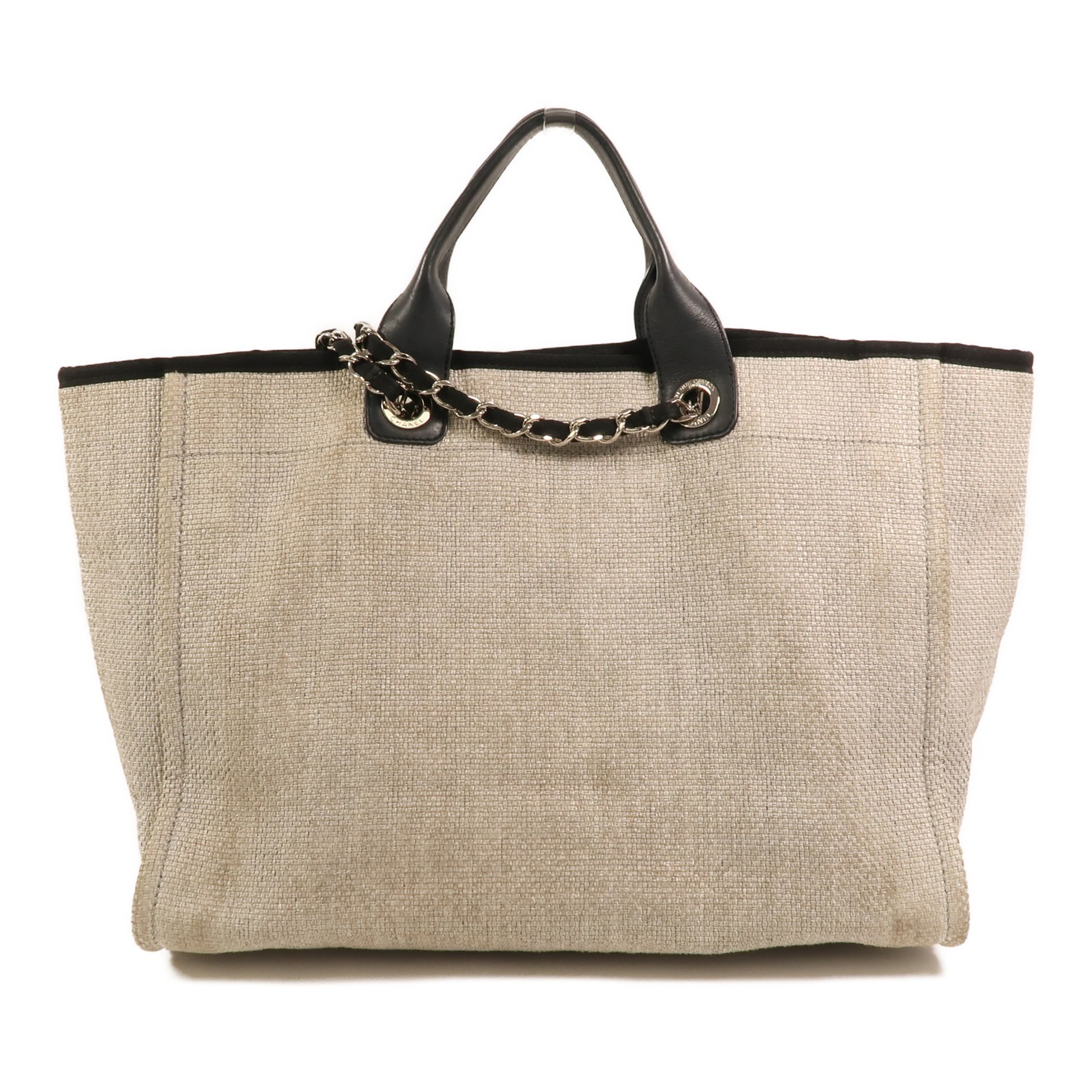 CHANEL CC SHW Deauville Tote 2 Way Chain Shoulder Bag Canvas White