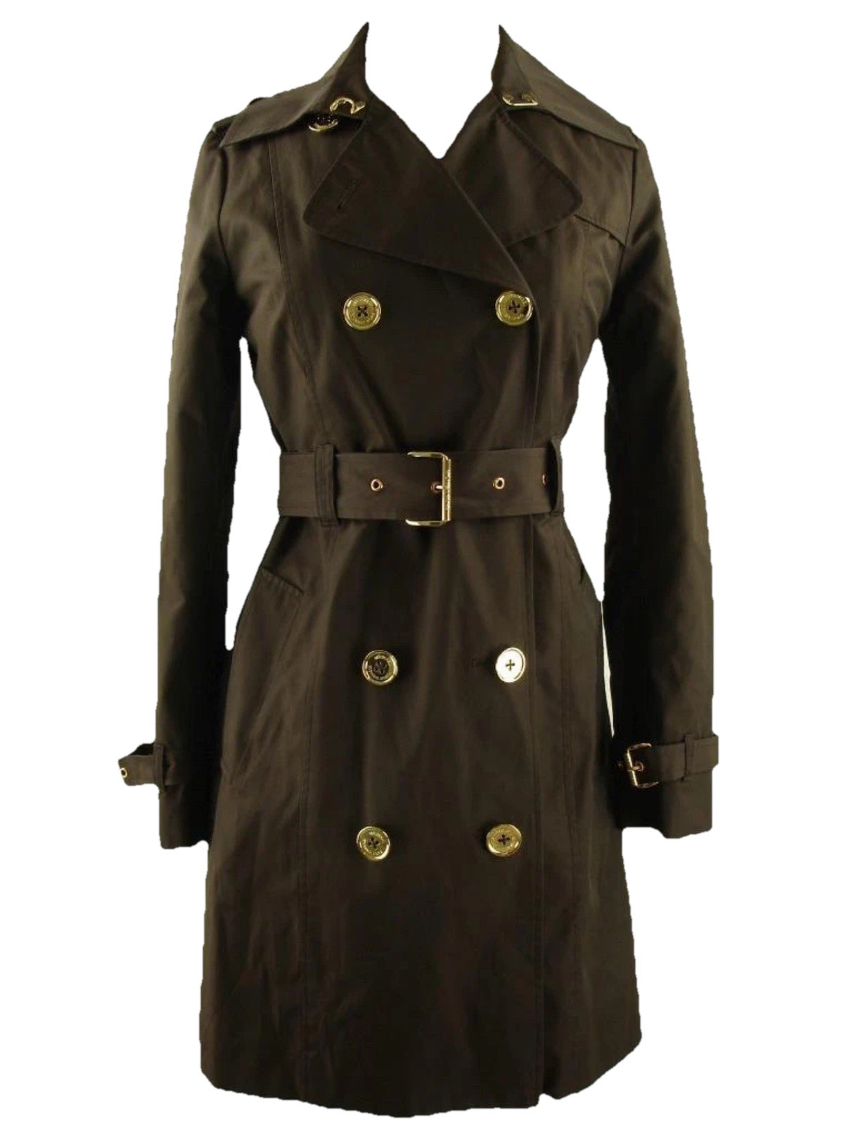 Trench Coat Michael Kors Black Double Breasted Golden Buttons Sz L Women’s