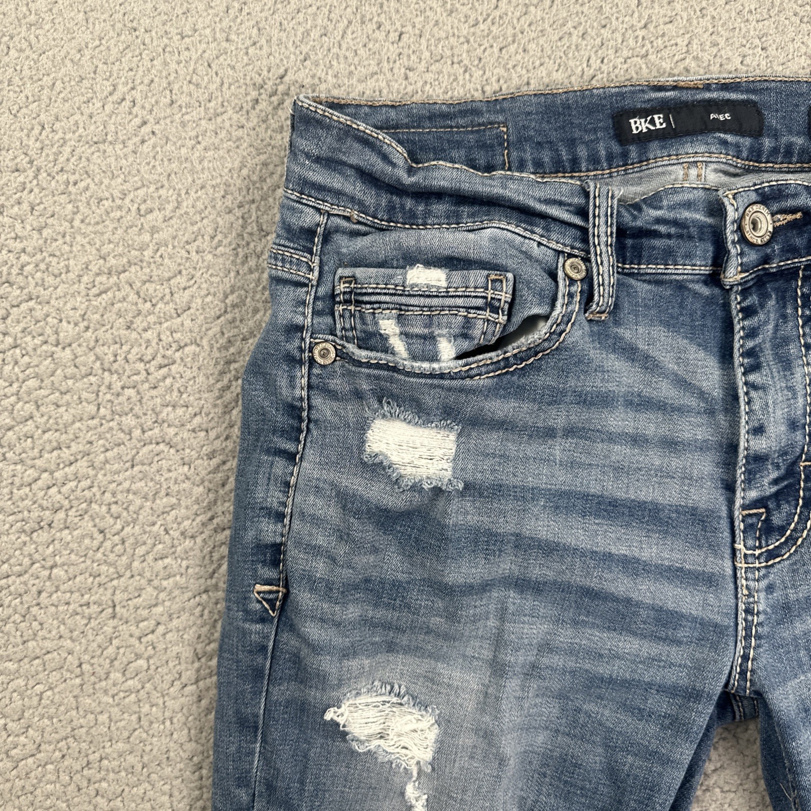 BKE Buckle Alec Slim Straight Jeans Men 32×32 Blue Stretch Whiskered Distressed