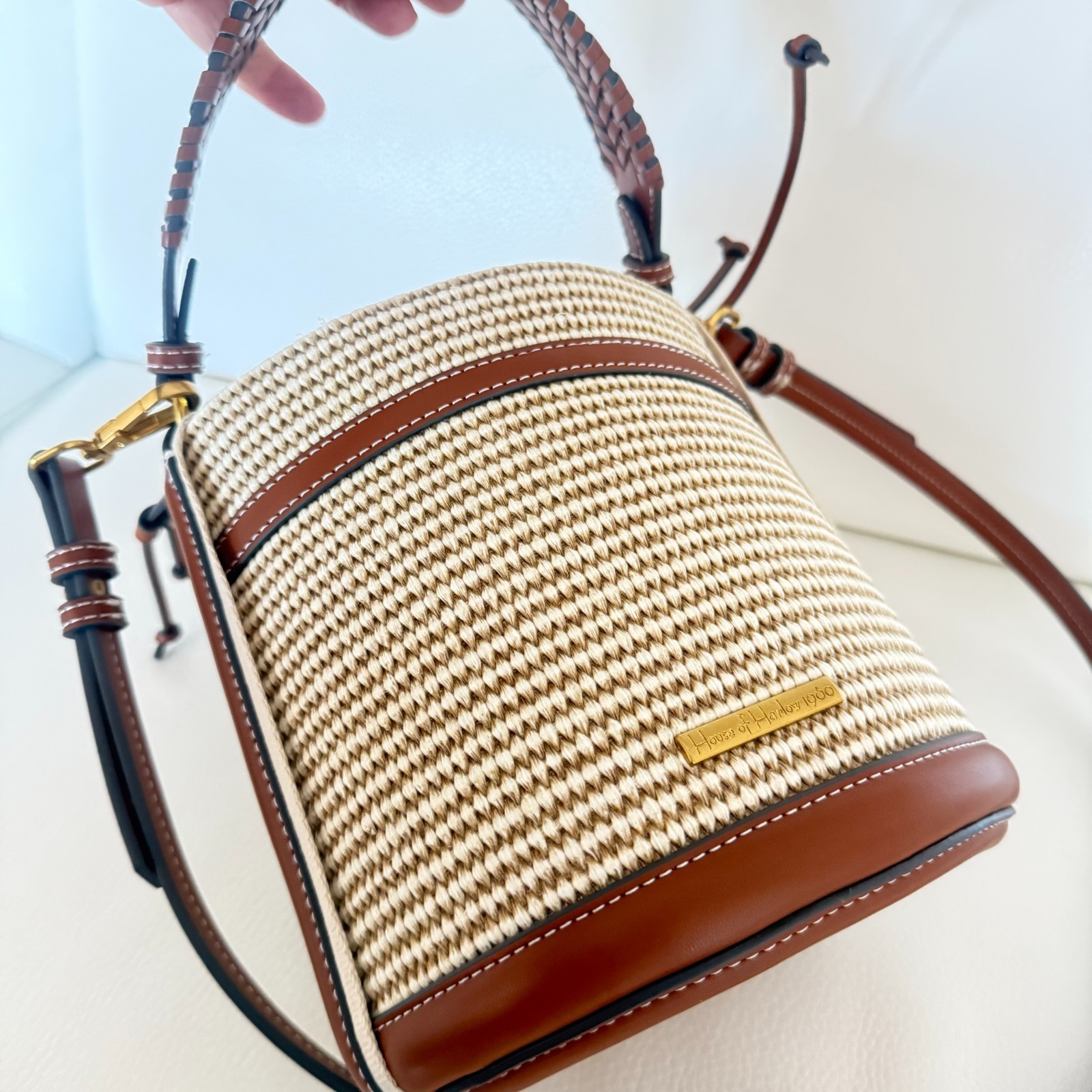 HOUSE OF HARLOW 1960 STRAW BUCKET BAG WOVEN CROSSBODY BRAIDED HANDLE NATURAL