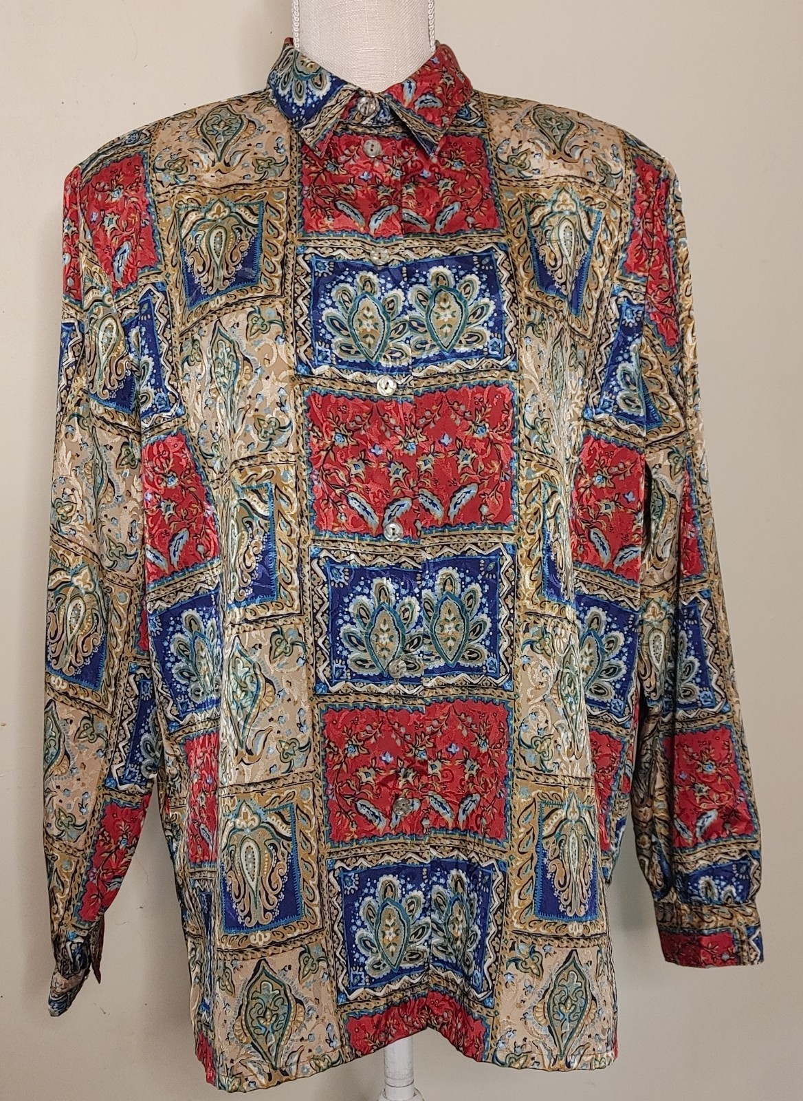 Vintage Womens Shirt Allison Daley sz 14 Shoulder Pads Silky Polyester Blouse