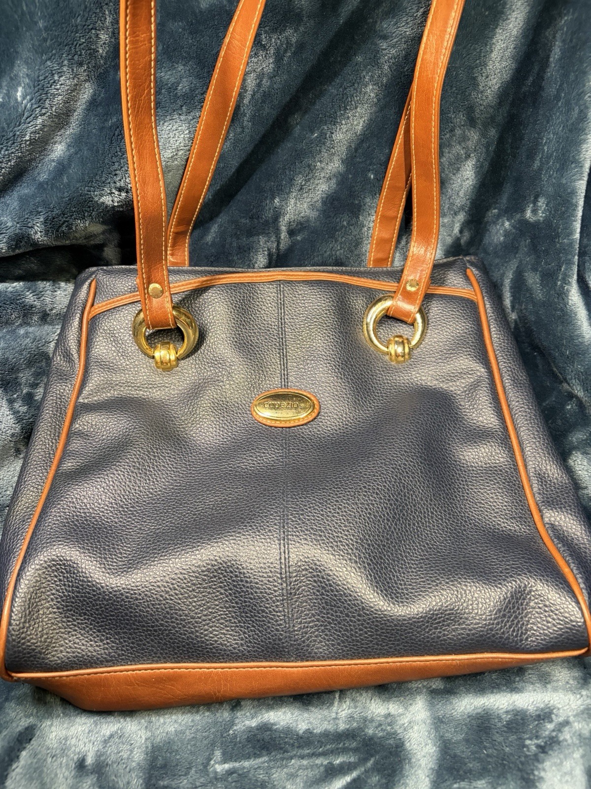 Capezio Blue And Brown Large Shoulder Bag In Faux Pebbled Leather