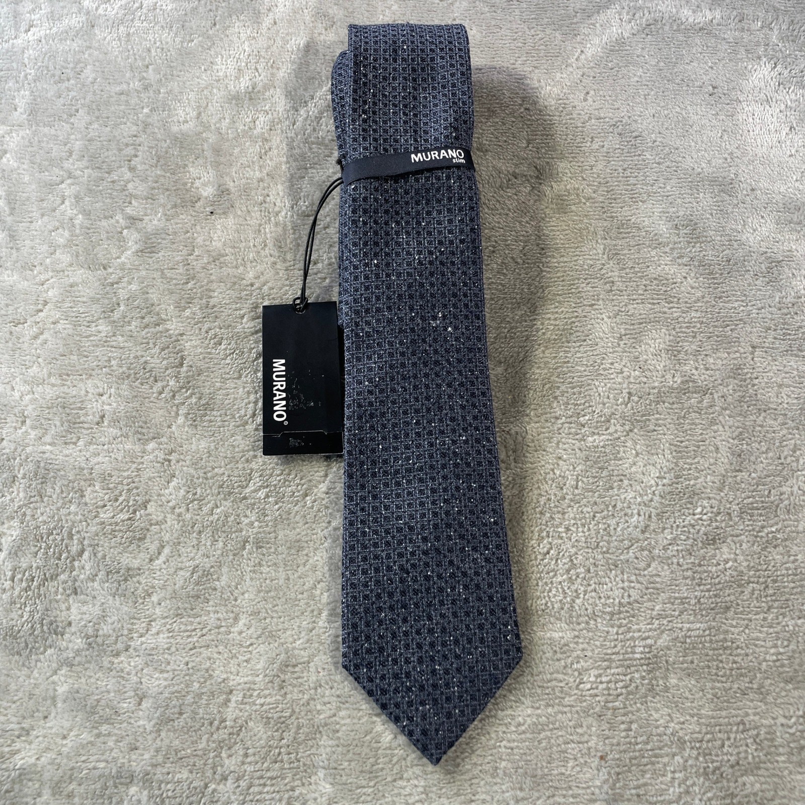 Murano Slim Tie Necktie Navy Blue Geometric Grid Woven 100% Silk Career Office