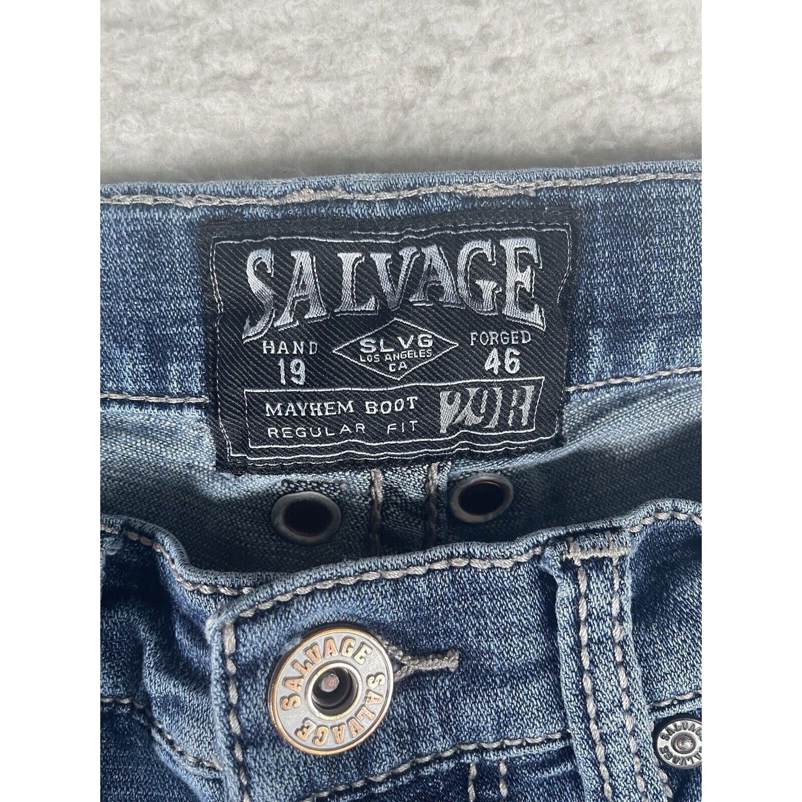 Salvage Buckle Mayhem Jeans Mens 29R 30×30 Blue Denim Distressed Boot Cut Y2K