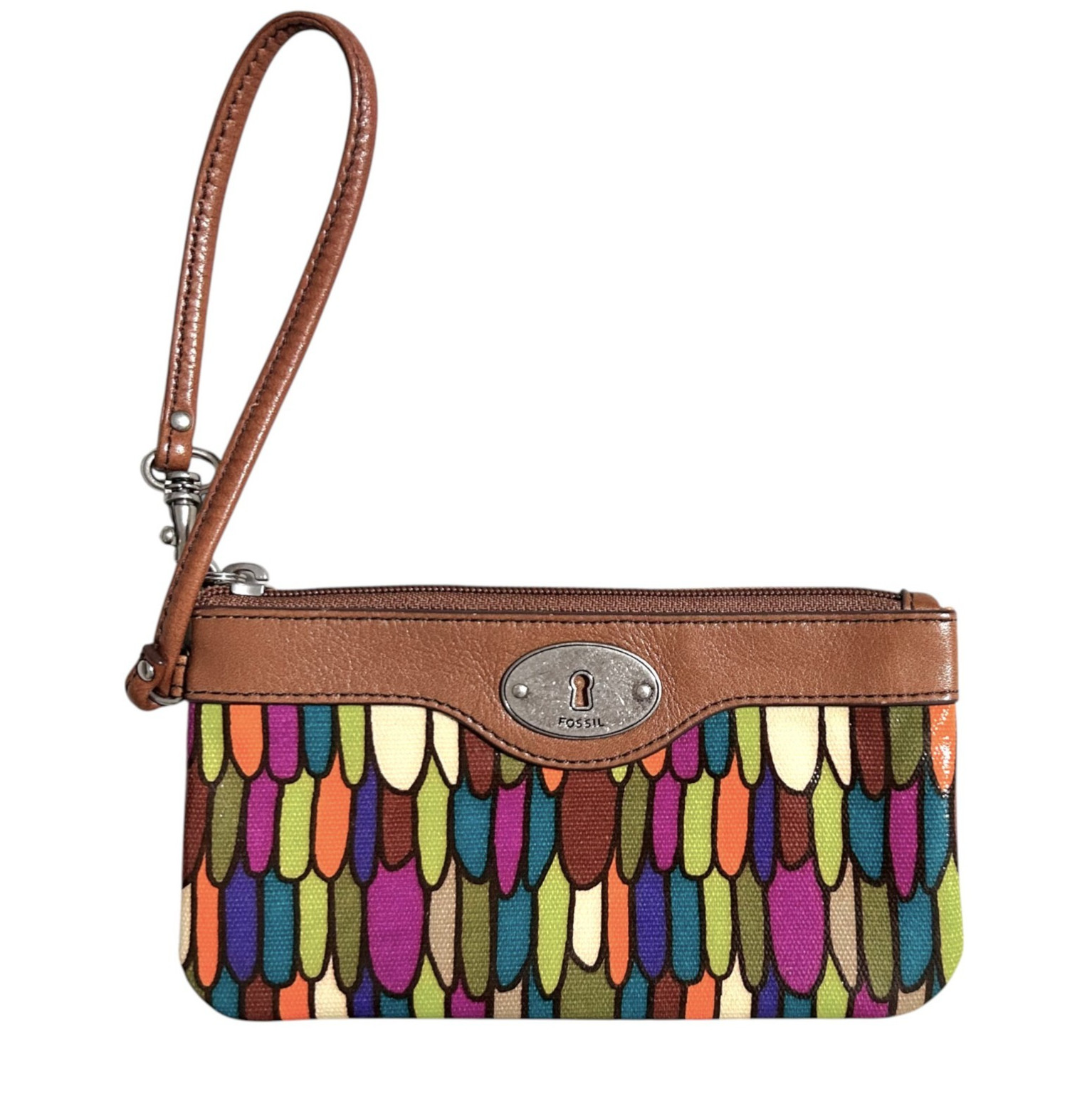 Fossil Key-Per Corner Zip Wristlet Wallet Multi Color Coated Canvas Leather Trim