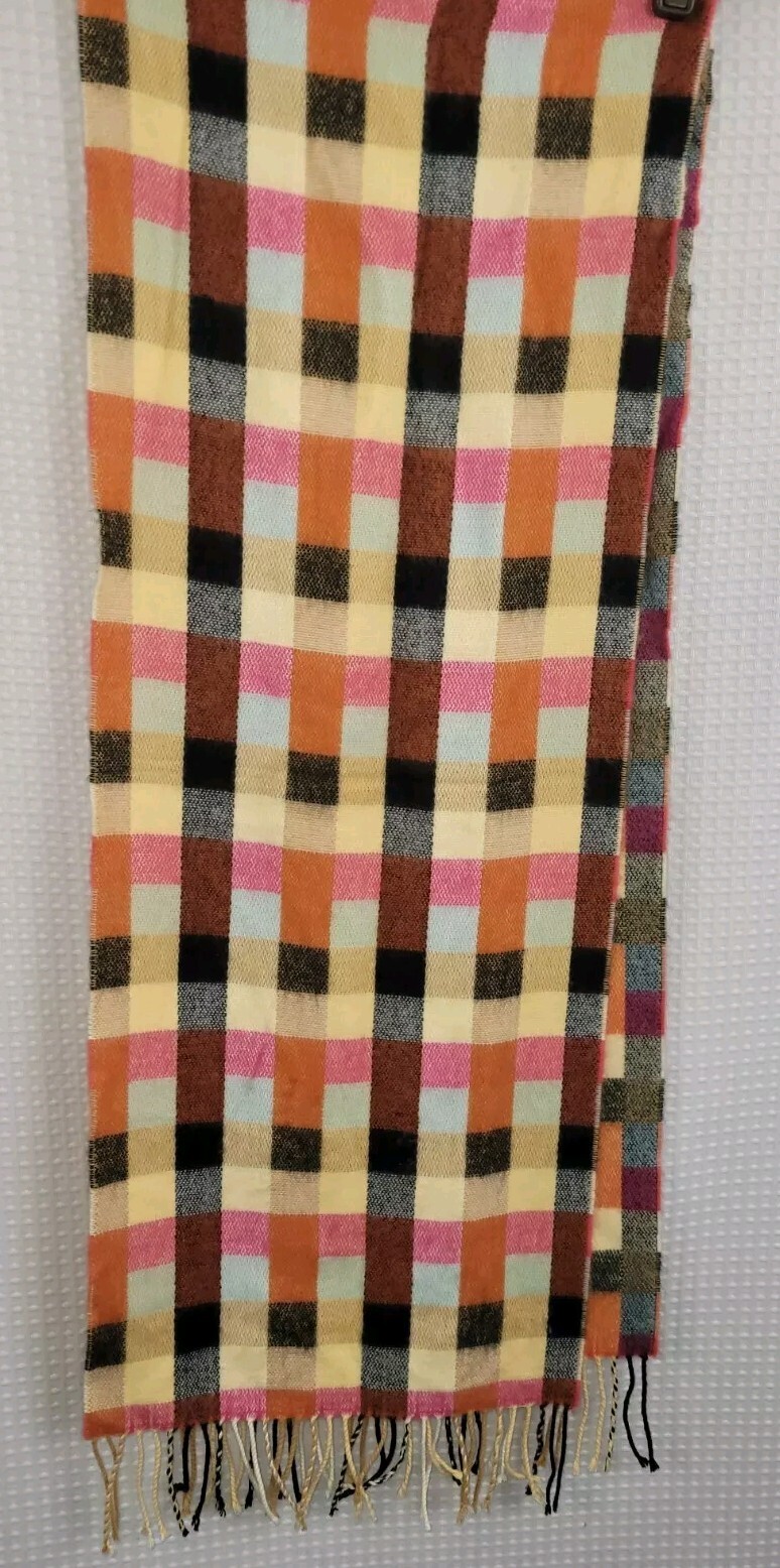 100% Cashmere Scarf Made in Scotland Multicolor Check 70″ x 12 1/2″