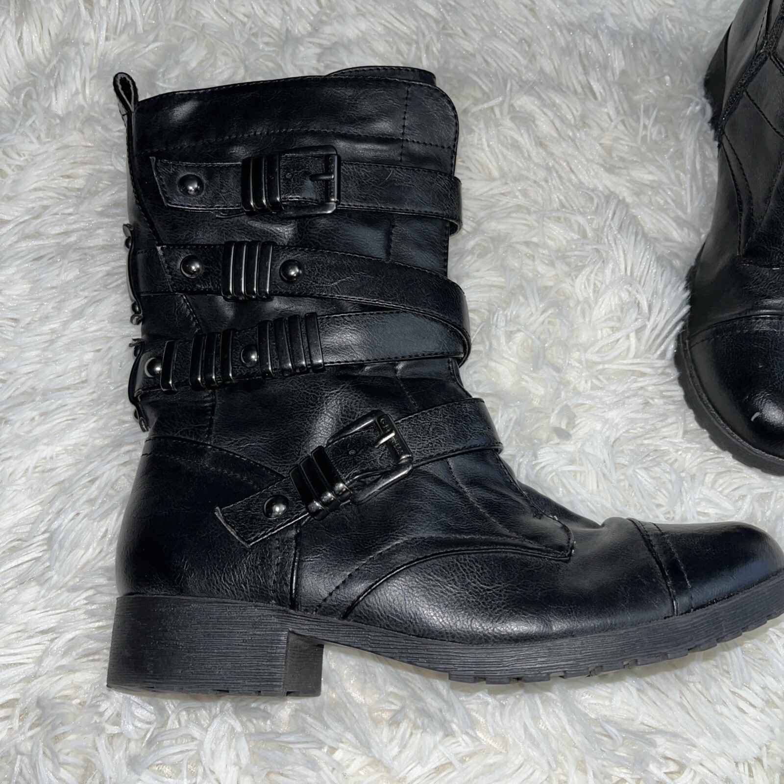 G By Guess Moto Grunge Combat Full-Zip Boot Buckles Black Metal Embellished Sz6m