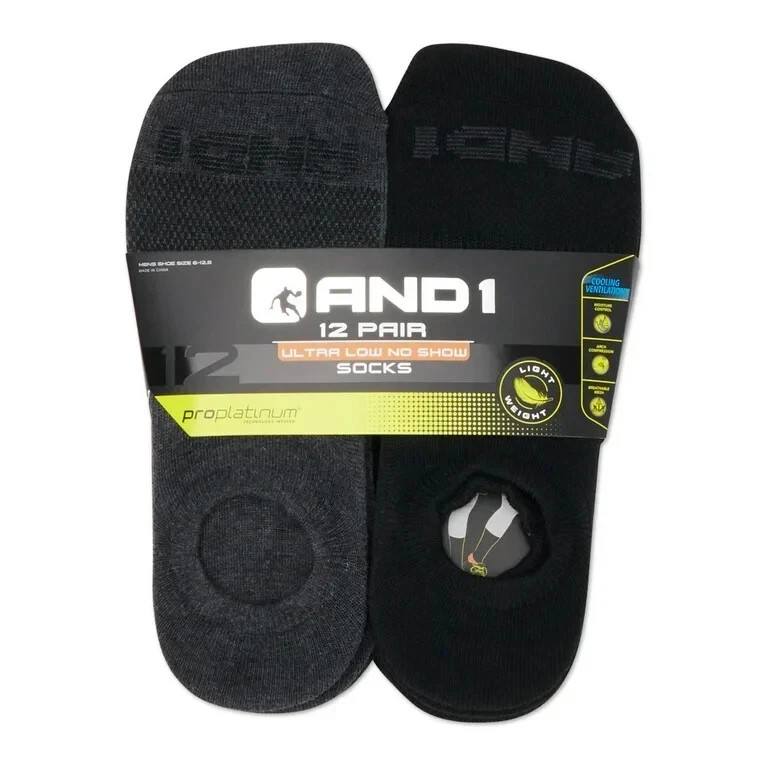 AND1 Men’s Ultra Low Cut Liner Socks Black Pro Platinum LN03001 12 Pairs NEW