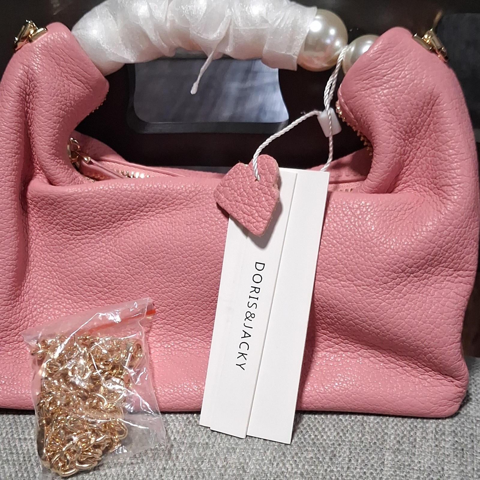Doris & Jacky Pink Pebbled Top Handle Bag Detachable Chain Strap Zip