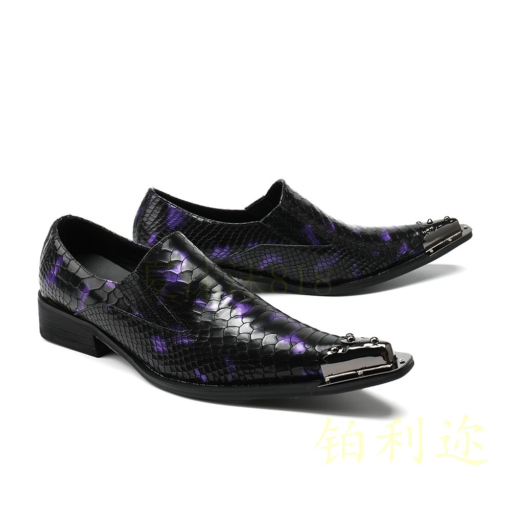 Men’s Steel Pointed Toe Shoes Loafers Snakeskin Pattern Performance Stage Show