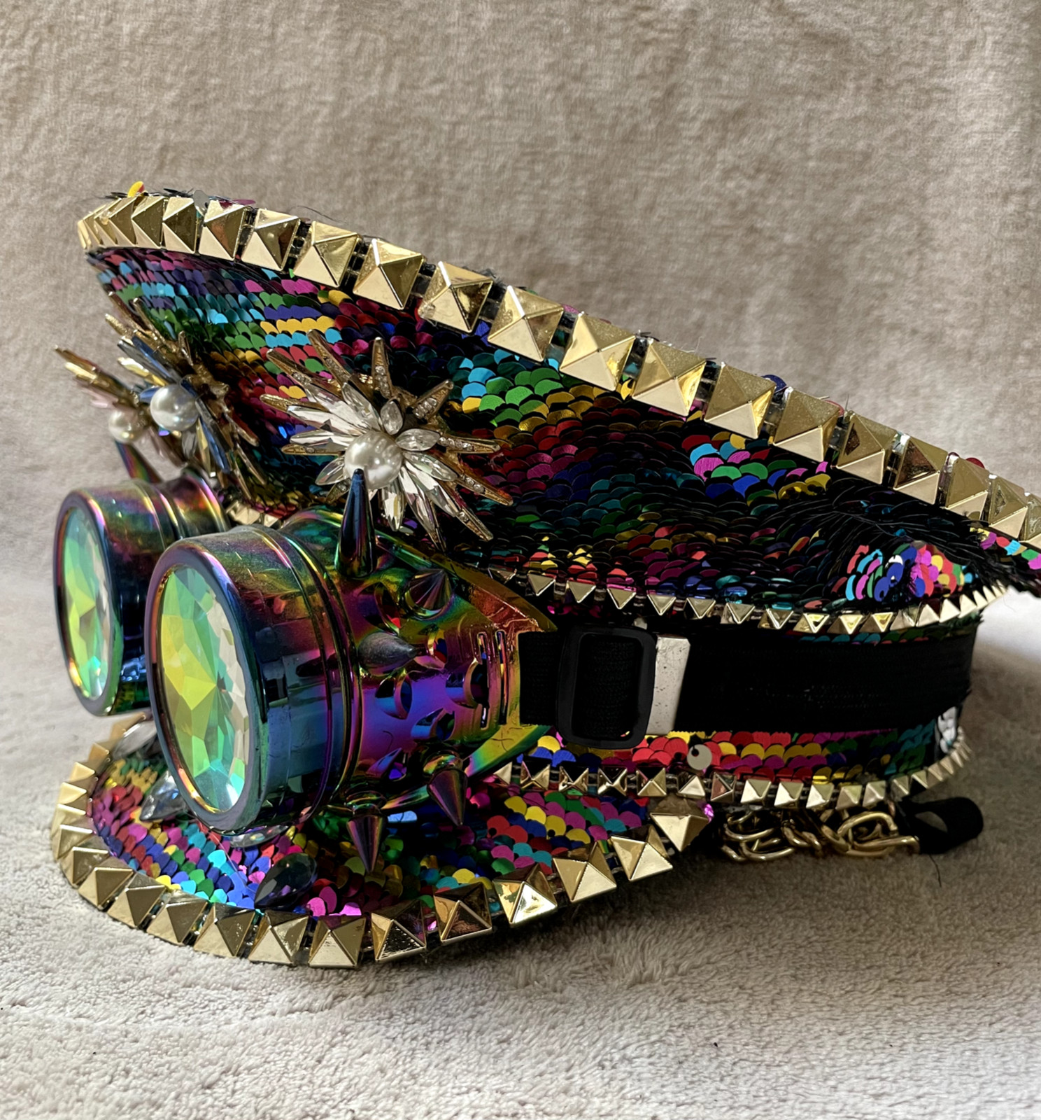 Hat Sequin Festival Military Punk Army Officer Cap 7 3/8″ Inner + Strap + Chains