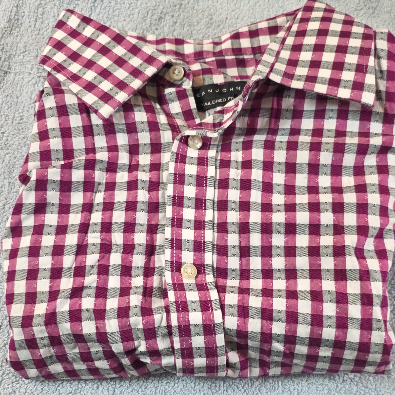Sean John Tailored Fit 17.5 32/33 LT Cotton Check Dress Shirt Wrinkle Resistant
