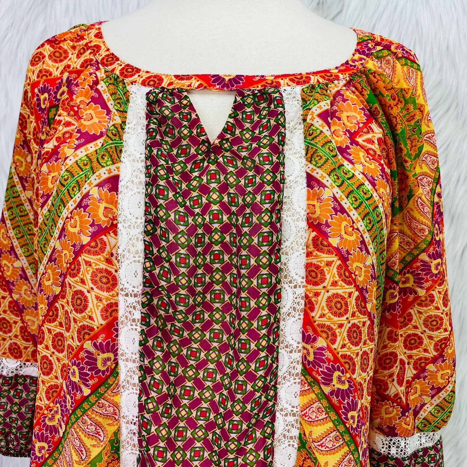 Fig & Flower Peasant Top Womens S Colorful Mixed Print Boho Semi Sheer