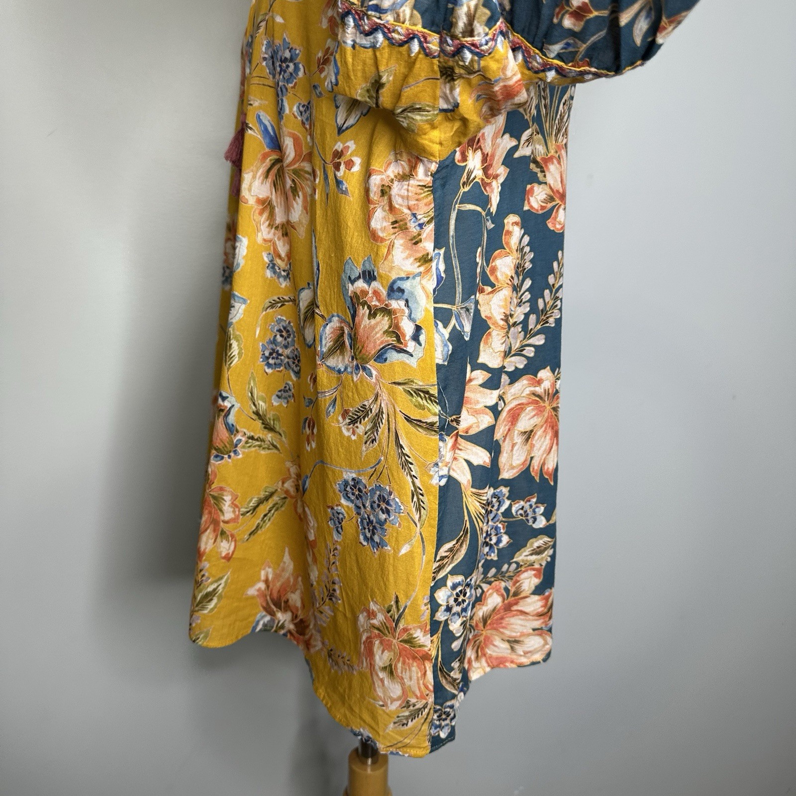 Johnny Was Effortless Peasant Blouse 100% Cotton Mustard Floral Multi Top L/XL