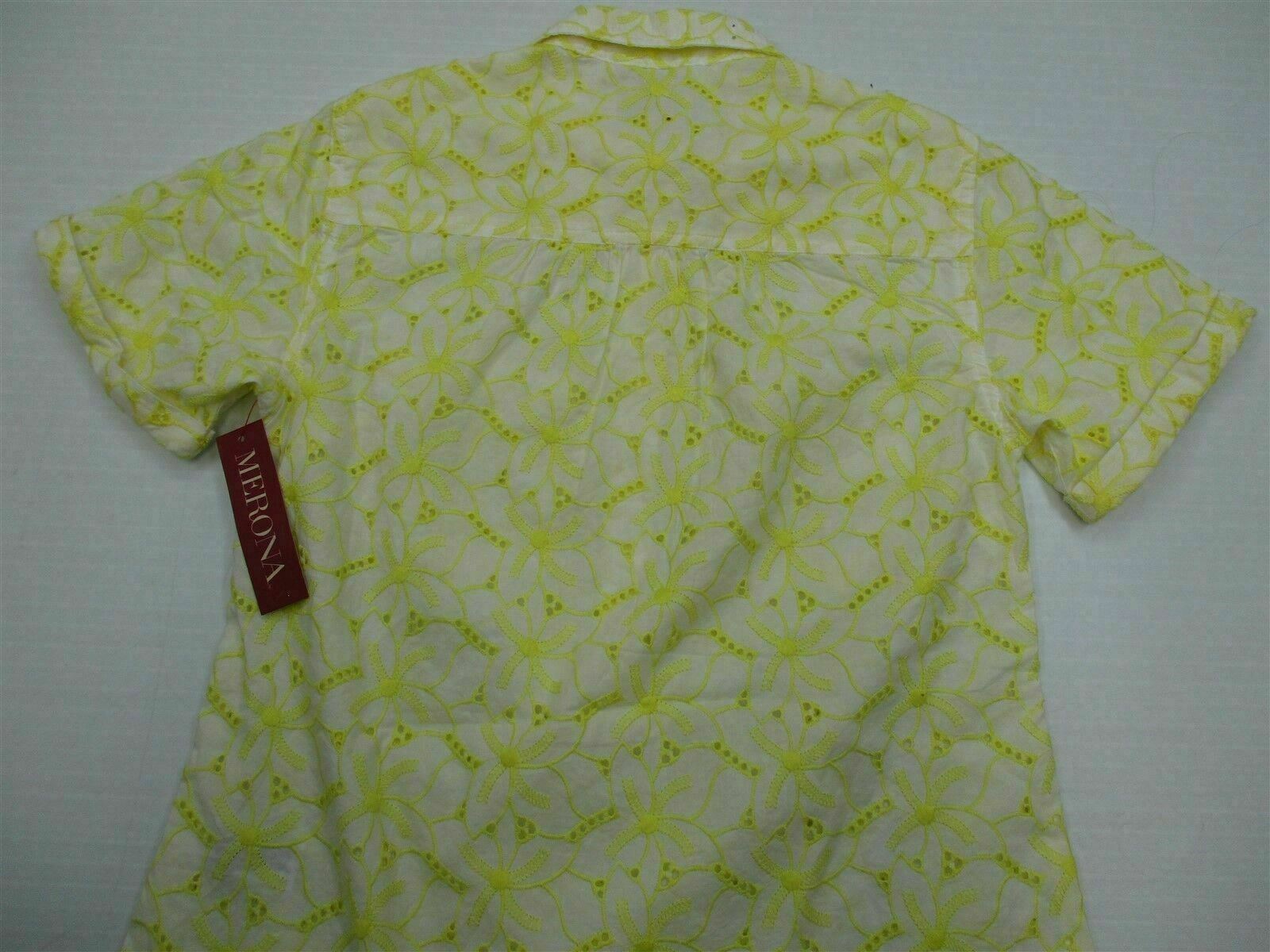new MERONA #T8223 Women’s Size XS 100% Cotton Floral Tropical Yellow Dress Shirt